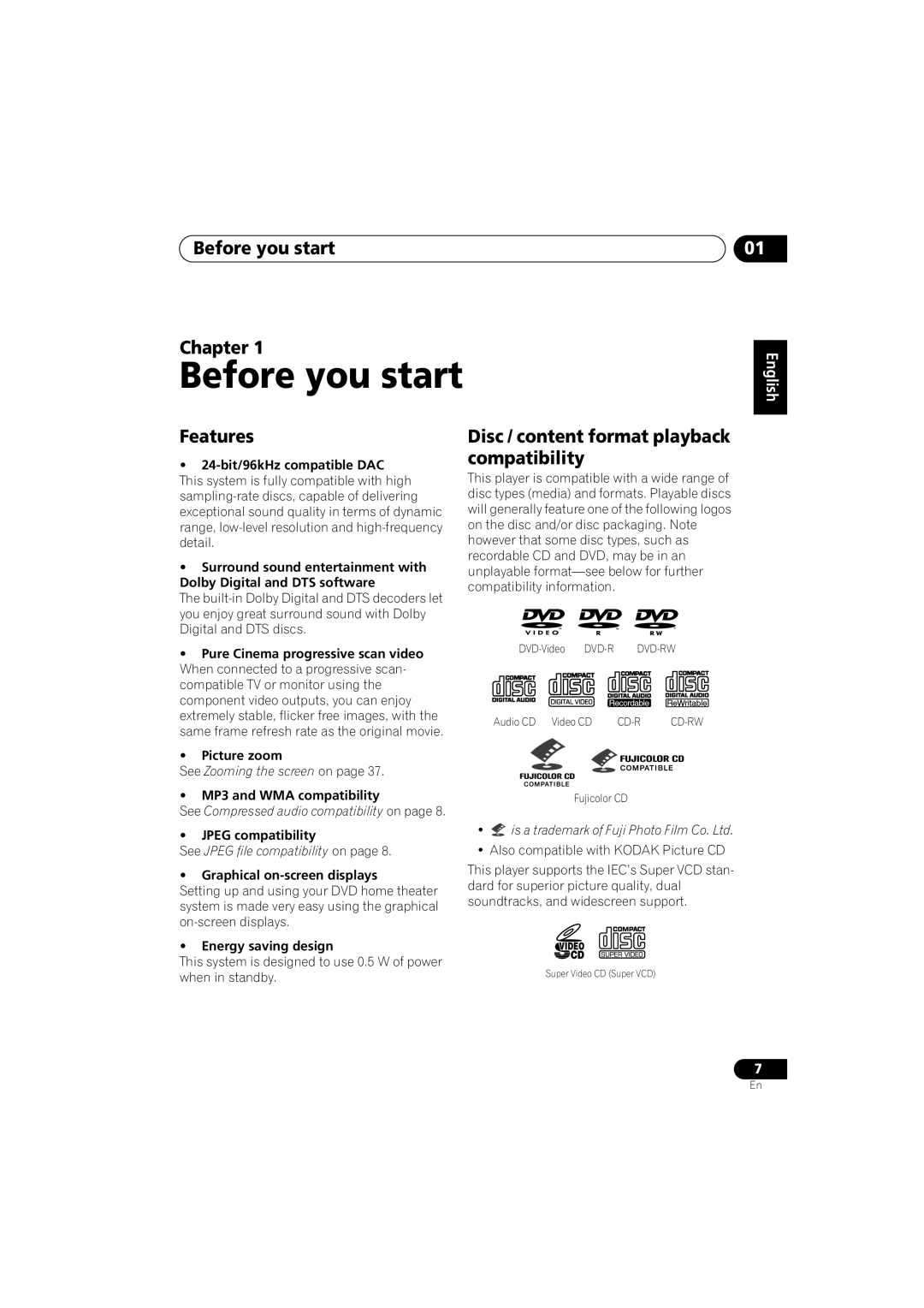 Pioneer XV-DV740, XV-DV440, S-DV440 Before you start Chapter, Features, Disc / content format playback compatibility 