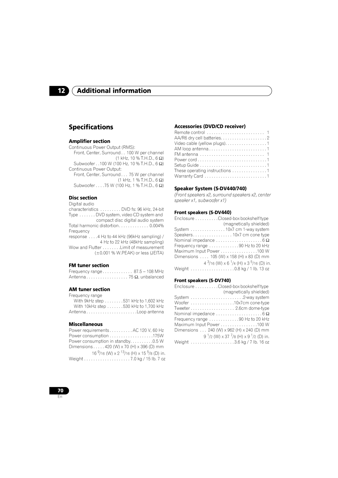 Pioneer S-DV740, XV-DV440, S-DV440, XV-DV740 operating instructions Additional information Specifications 