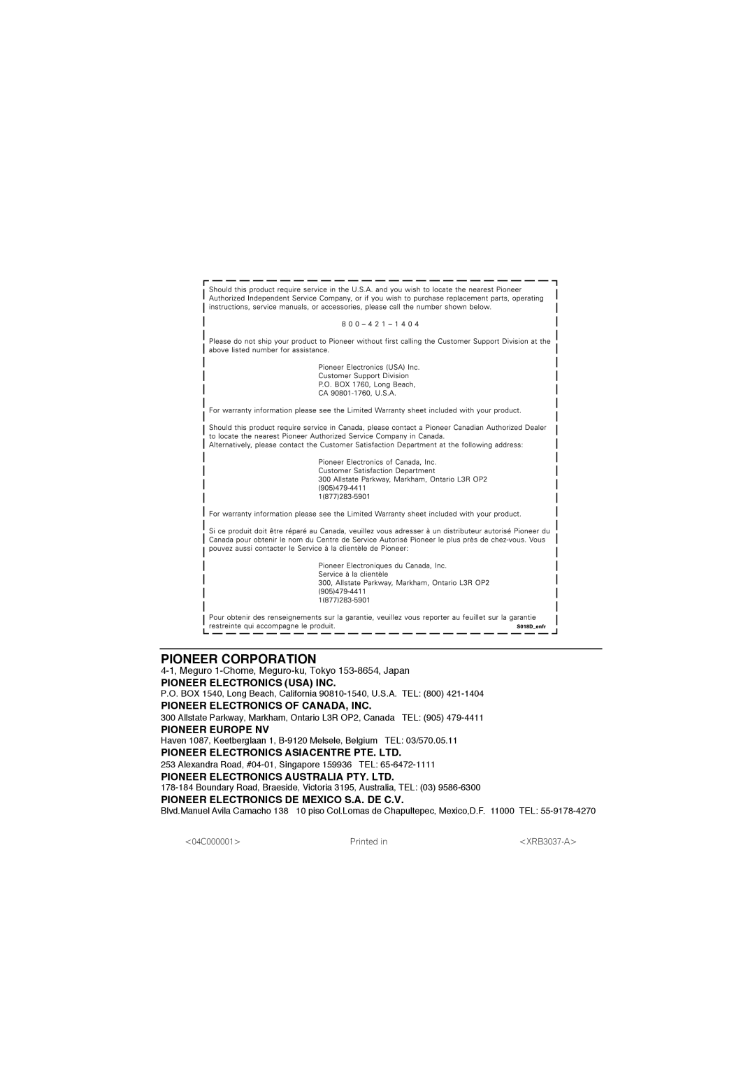 Pioneer S-DV740, XV-DV440, S-DV440, XV-DV740 operating instructions Pioneer Corporation 