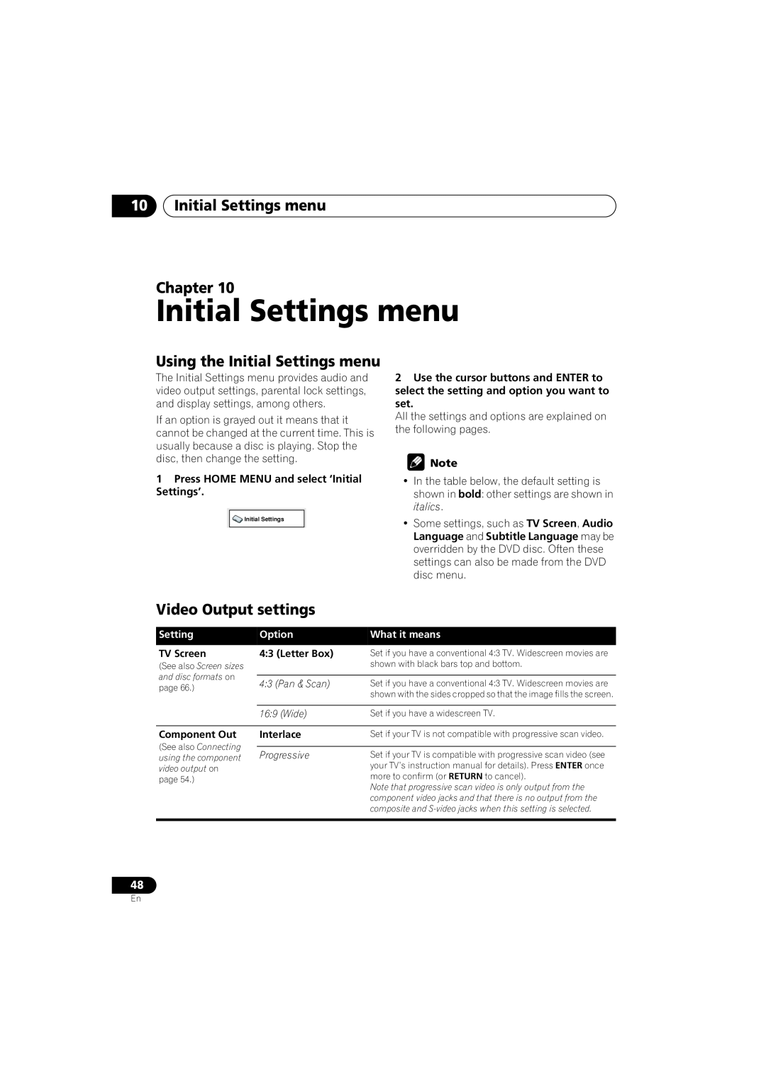 Pioneer XV-DV440 Initial Settings menu Chapter, Using the Initial Settings menu, Video Output settings, Option, Wide 