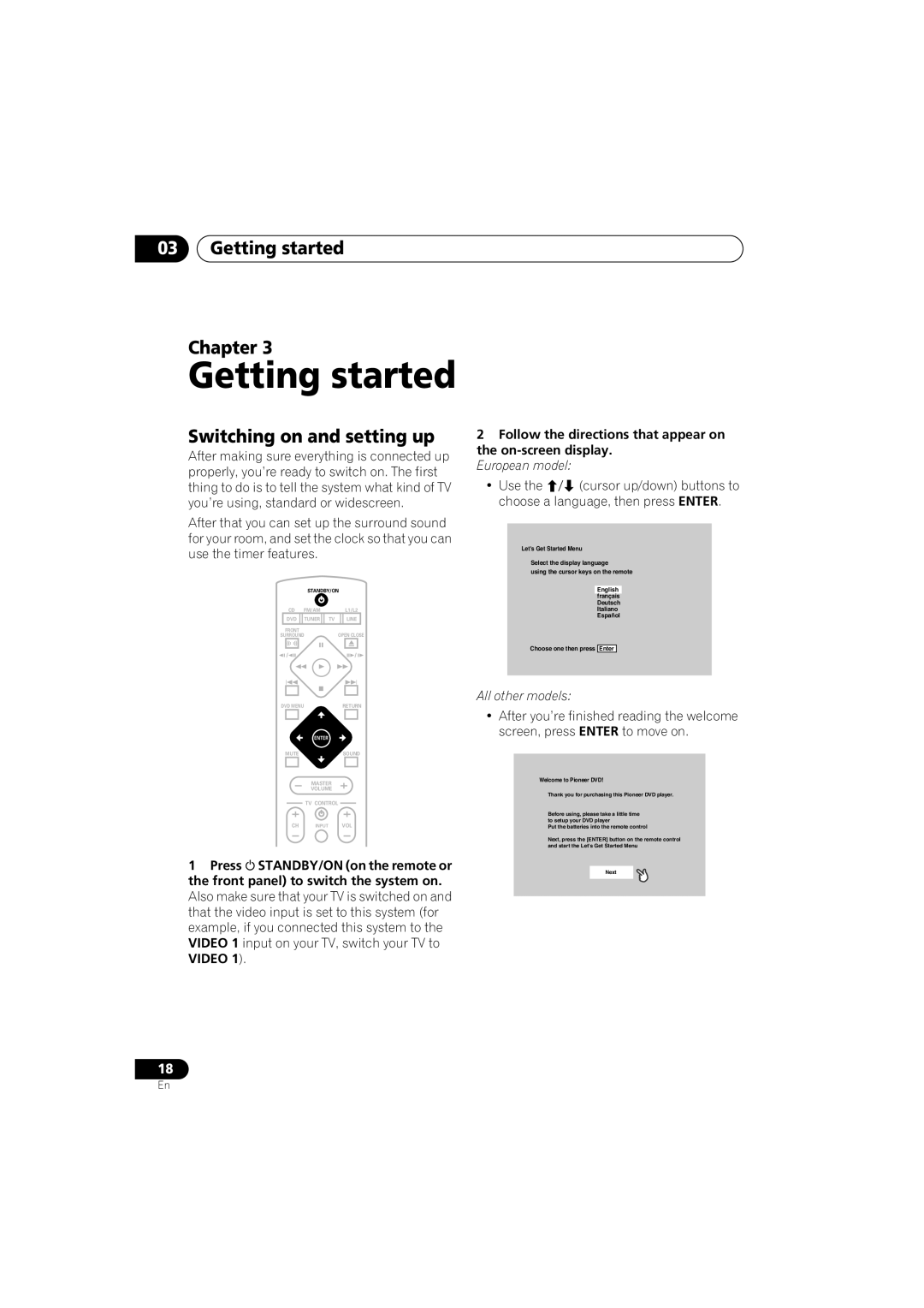 Pioneer S-DV525, XV-DV525 manual Getting started Chapter, Switching on and setting up, European model, All other models 