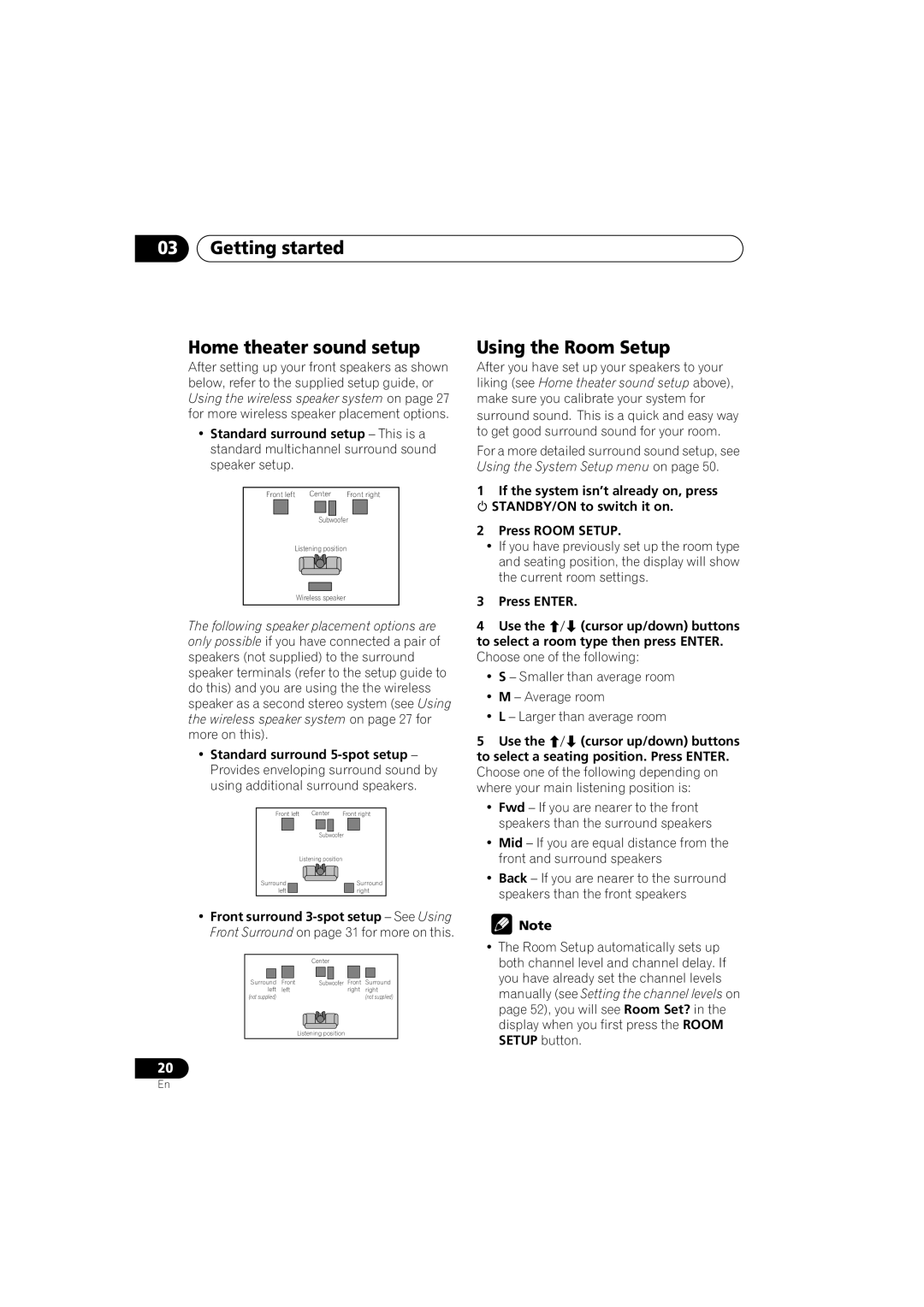 Pioneer XV-DV525, XW-DV525, S-DV525, XW-DV1WS manual Getting started Home theater sound setup, Using the Room Setup 