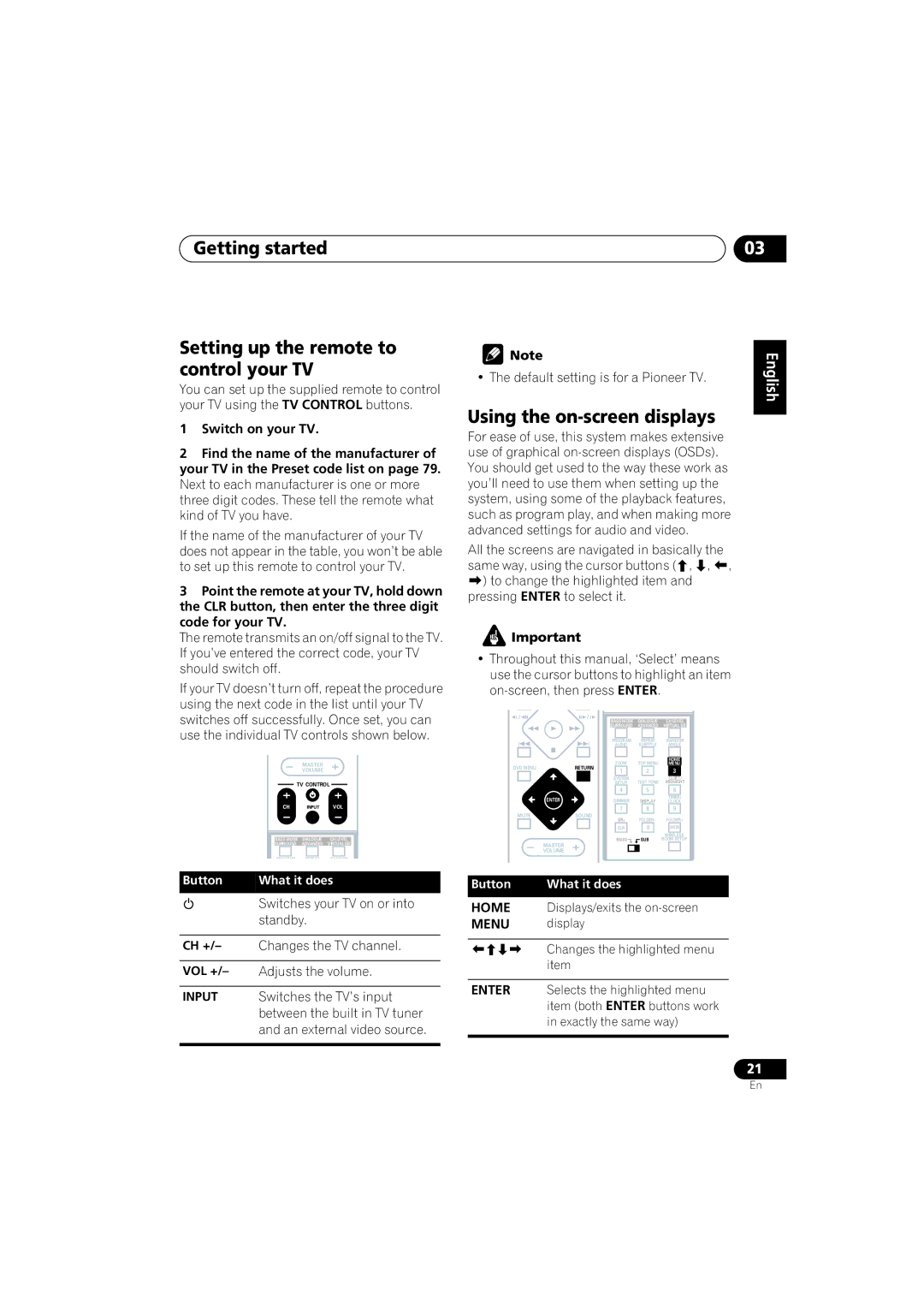 Pioneer XW-DV525 manual Getting started Setting up the remote to control your TV, Using the on-screen displays, Home, Menu 