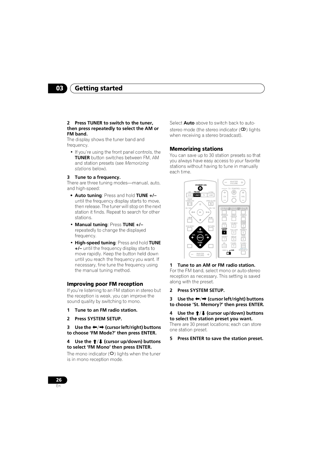 Pioneer S-DV525, XV-DV525, XW-DV525, XW-DV1WS manual Improving poor FM reception, Memorizing stations, Tune to a frequency 