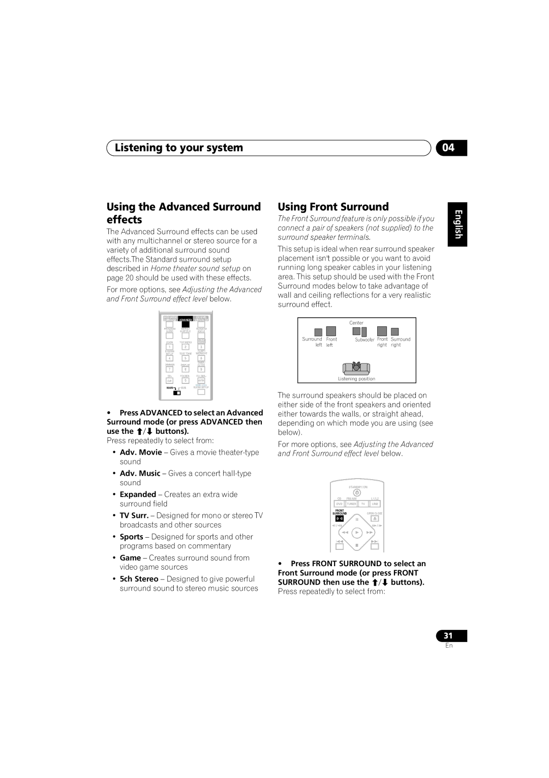 Pioneer XW-DV1WS, S-DV525 Use the buttons, Front Surround feature is only possible if you, Press repeatedly to select from 