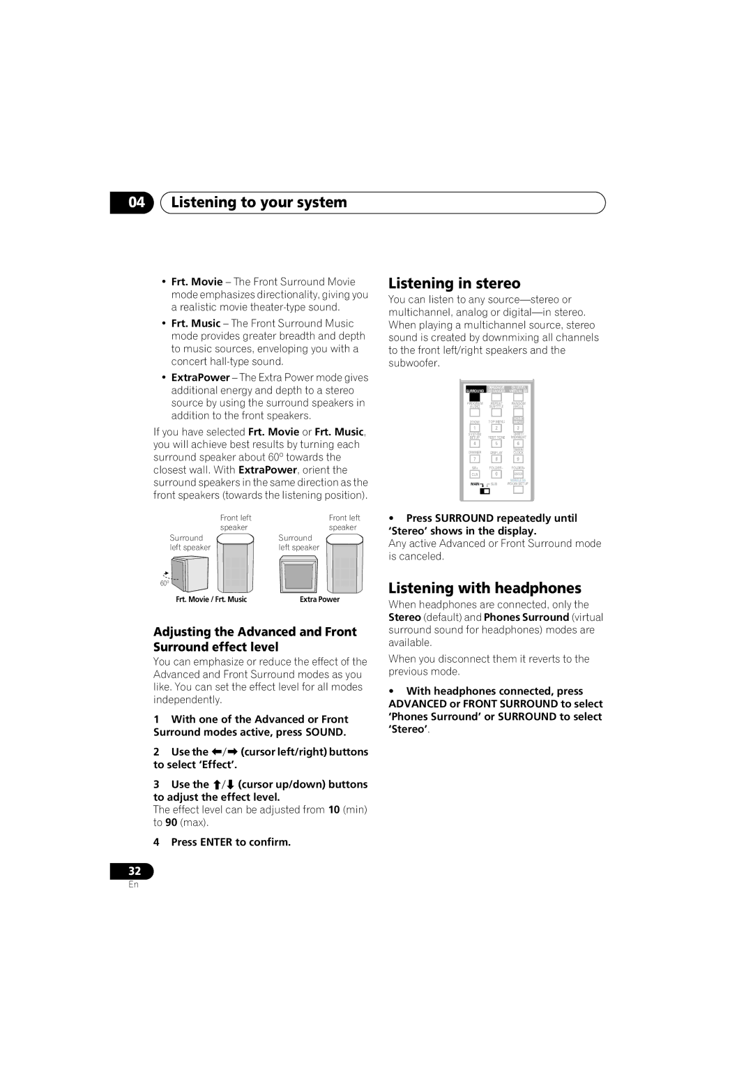 Pioneer XV-DV525 Listening to your system, Listening in stereo, Listening with headphones, To adjust the effect level 