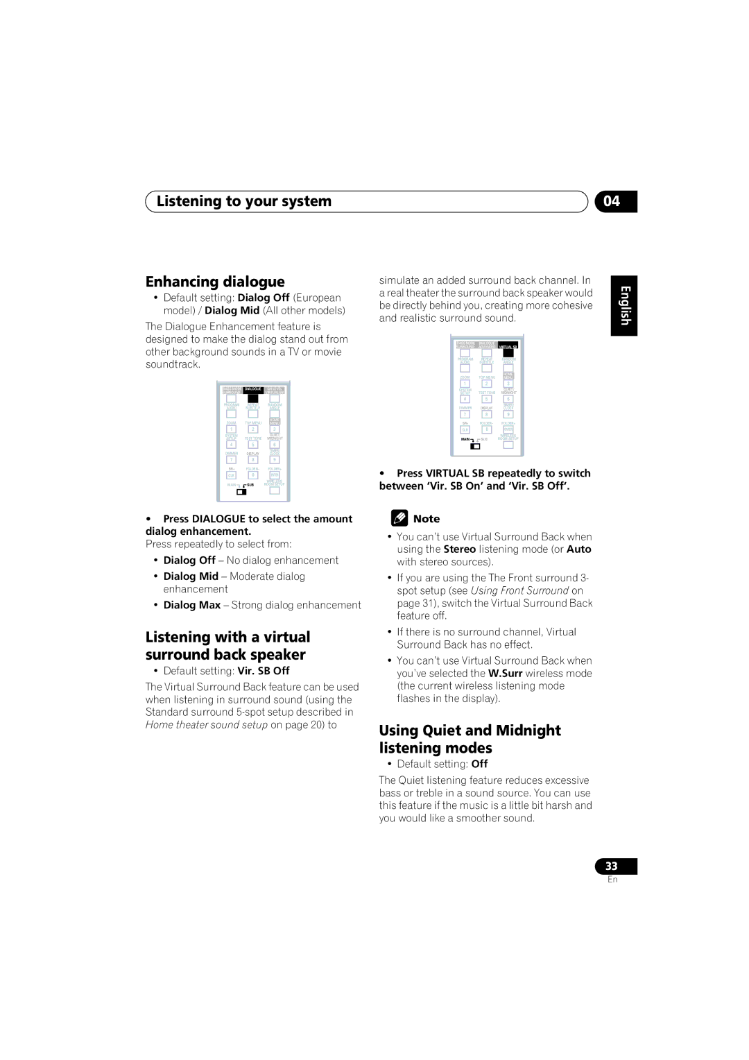 Pioneer XW-DV525, XV-DV525 Listening to your system Enhancing dialogue, Listening with a virtual surround back speaker 