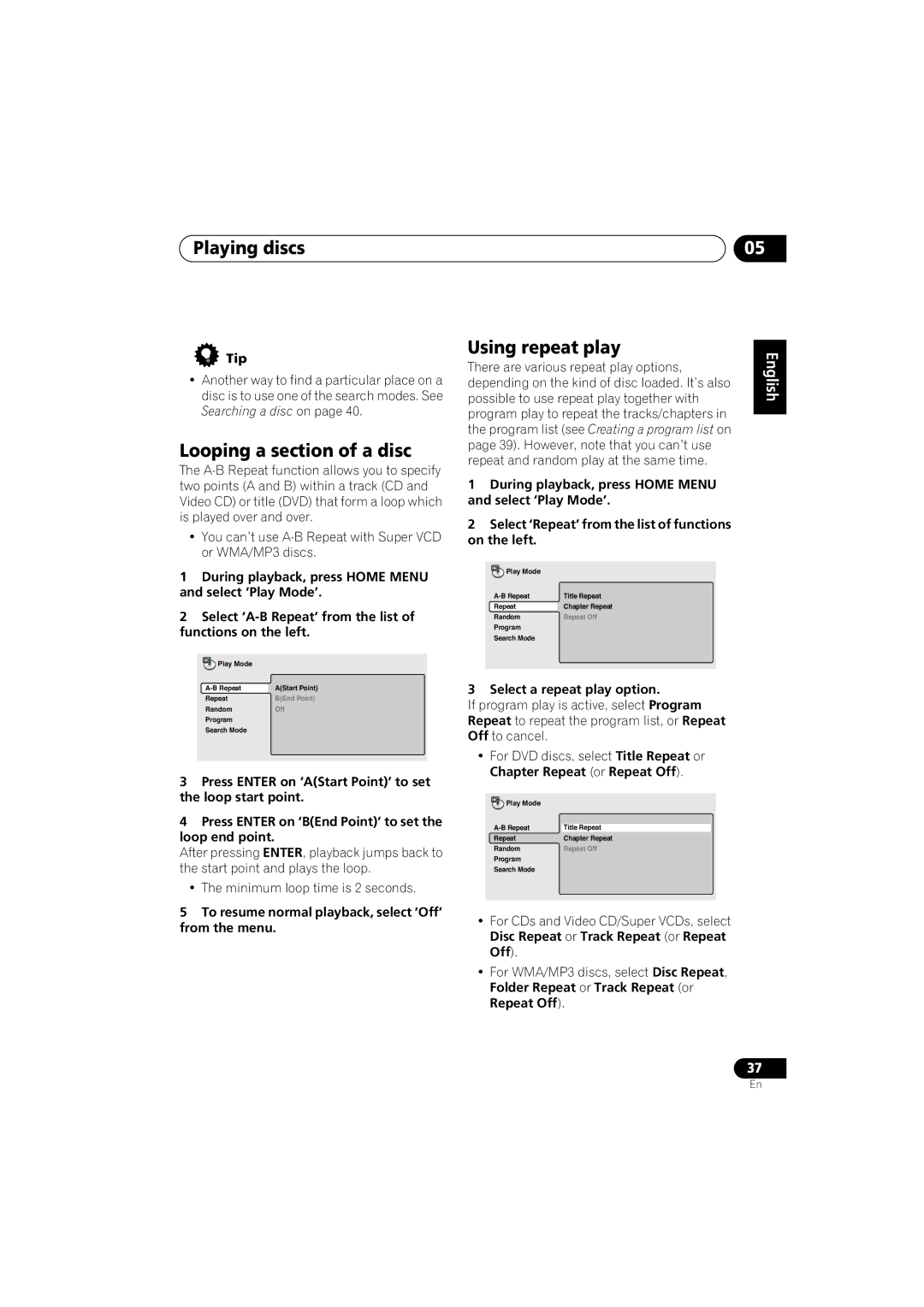 Pioneer XW-DV525, XV-DV525, S-DV525, XW-DV1WS manual Looping a section of a disc, Using repeat play 