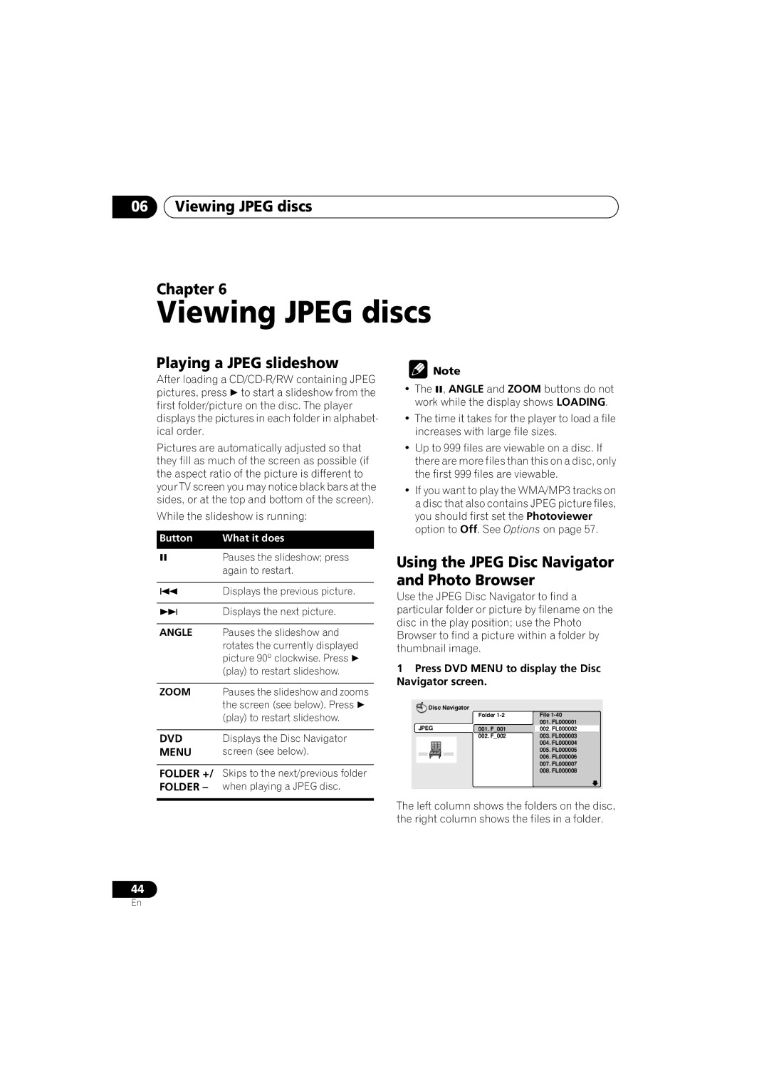 Pioneer XV-DV525 Viewing Jpeg discs Chapter, Playing a Jpeg slideshow, Using the Jpeg Disc Navigator and Photo Browser 