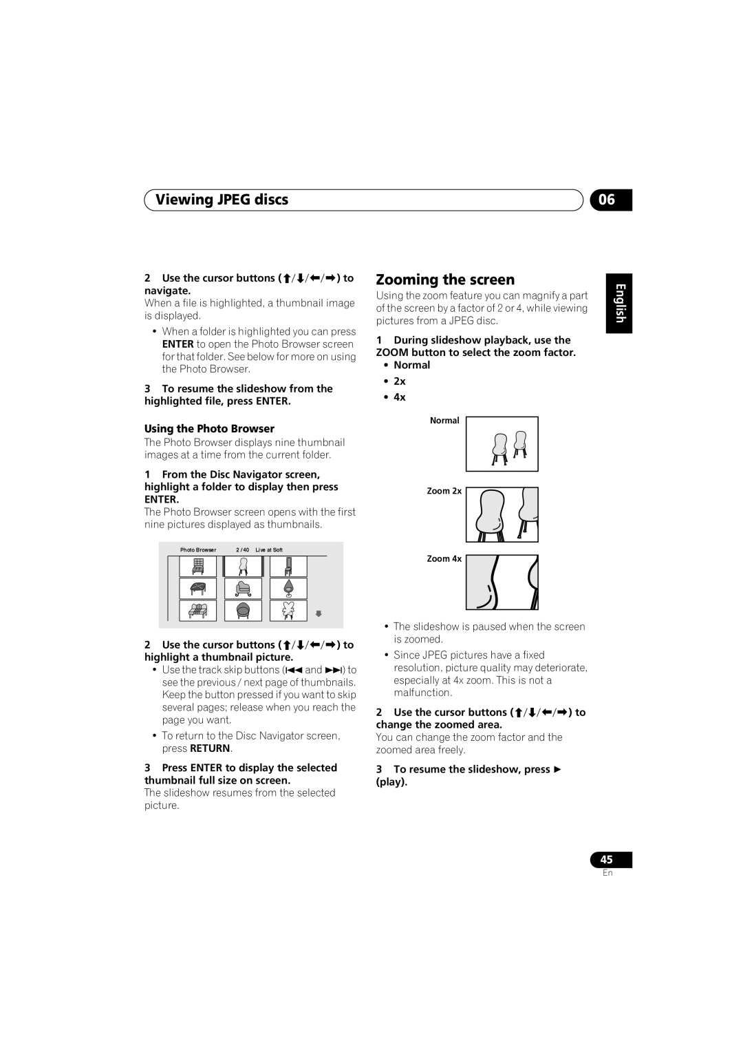 Pioneer XW-DV525, XV-DV525, S-DV525, XW-DV1WS manual Viewing Jpeg discs, Using the Photo Browser 