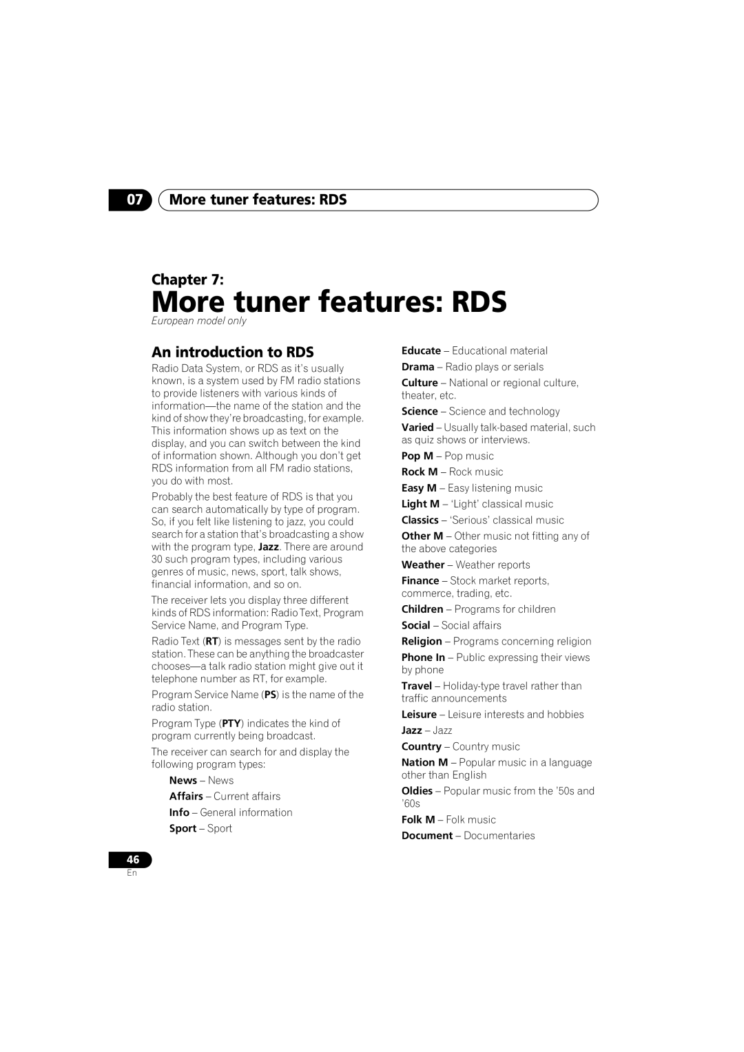 Pioneer S-DV525, XV-DV525, XW-DV525, XW-DV1WS manual More tuner features RDS Chapter, An introduction to RDS 