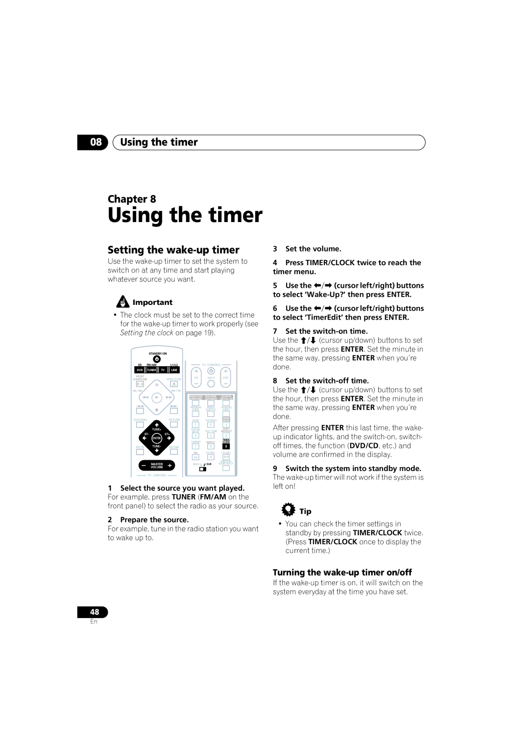 Pioneer XV-DV525, XW-DV525 manual Using the timer Chapter, Setting the wake-up timer, Turning the wake-up timer on/off 