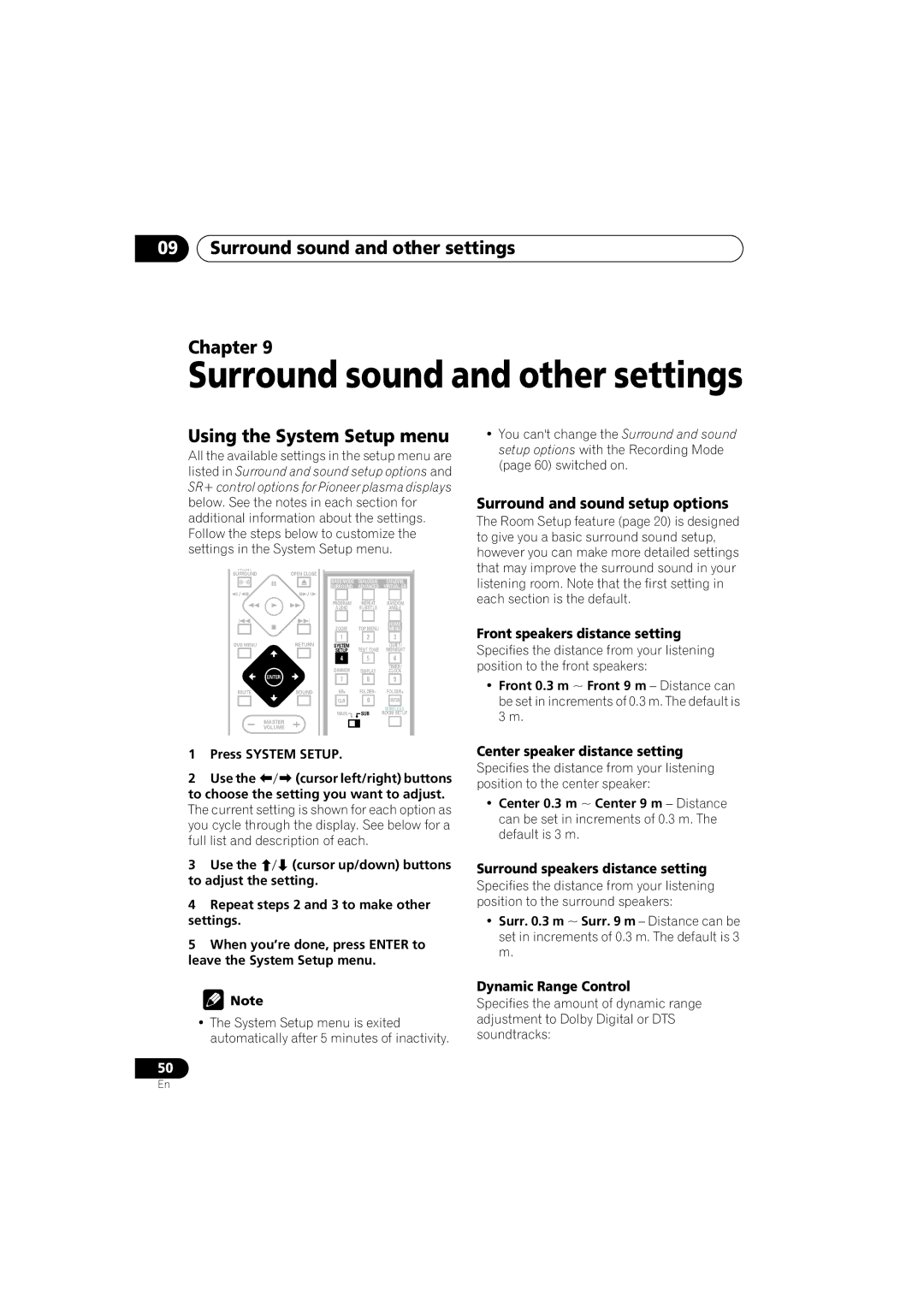 Pioneer S-DV525 Surround sound and other settings Chapter, Using the System Setup menu, Surround and sound setup options 