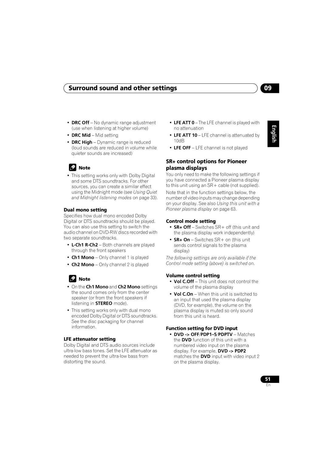 Pioneer XW-DV1WS, XV-DV525, XW-DV525 Surround sound and other settings, SR+ control options for Pioneer plasma displays 