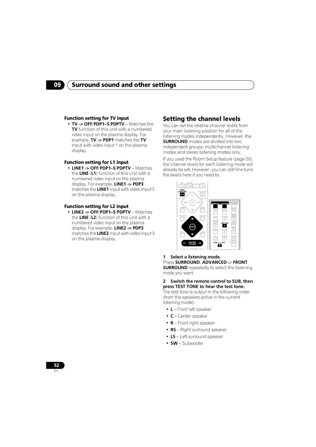 Pioneer XV-DV525, XW-DV525 Function setting for TV input, Function setting for L1 input, Function setting for L2 input 