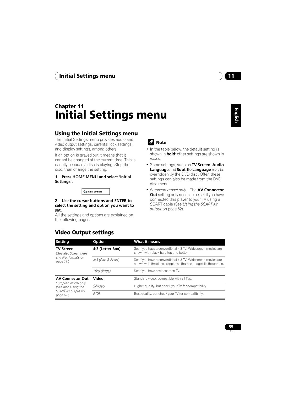 Pioneer XW-DV1WS, XV-DV525 manual Initial Settings menu Chapter, Using the Initial Settings menu, Video Output settings 