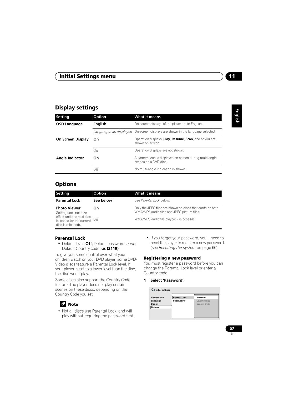 Pioneer XW-DV525, XV-DV525 manual Initial Settings menu Display settings, Options, Parental Lock, Registering a new password 