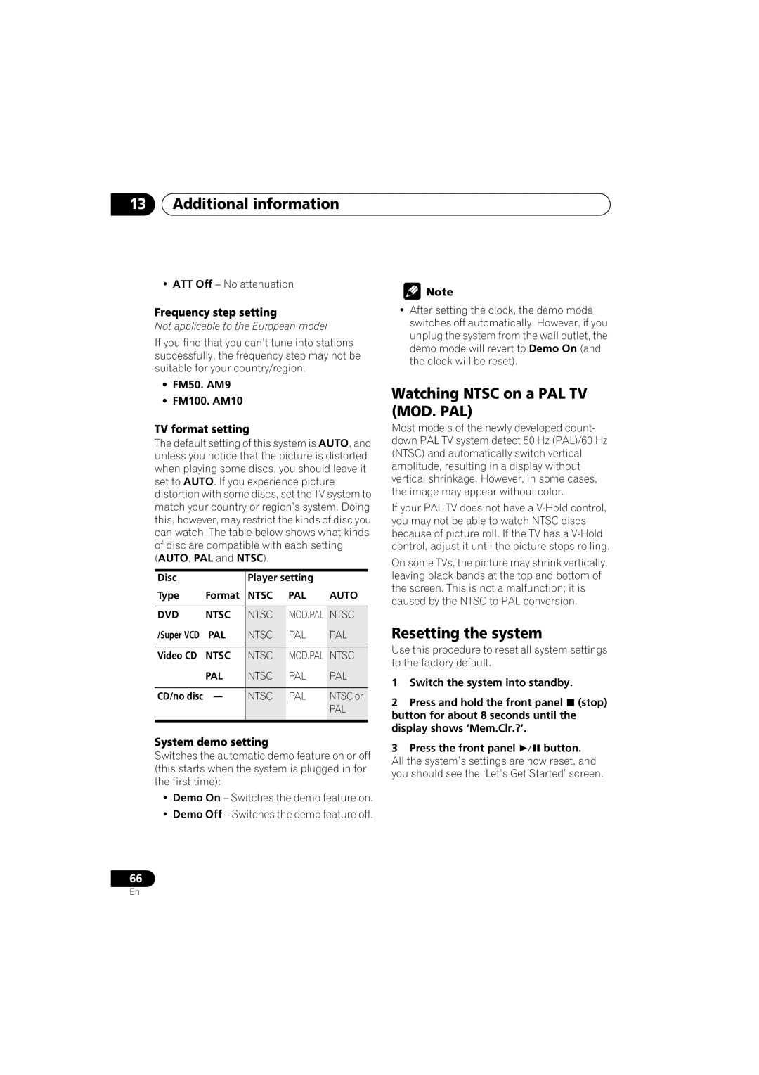 Pioneer S-DV525, XV-DV525, XW-DV525 manual Additional information, Watching Ntsc on a PAL TV MOD. PAL, Resetting the system 