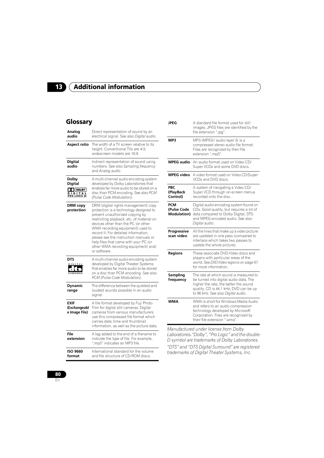 Pioneer XV-DV525, XW-DV525, S-DV525, XW-DV1WS manual Additional information Glossary, Protection 