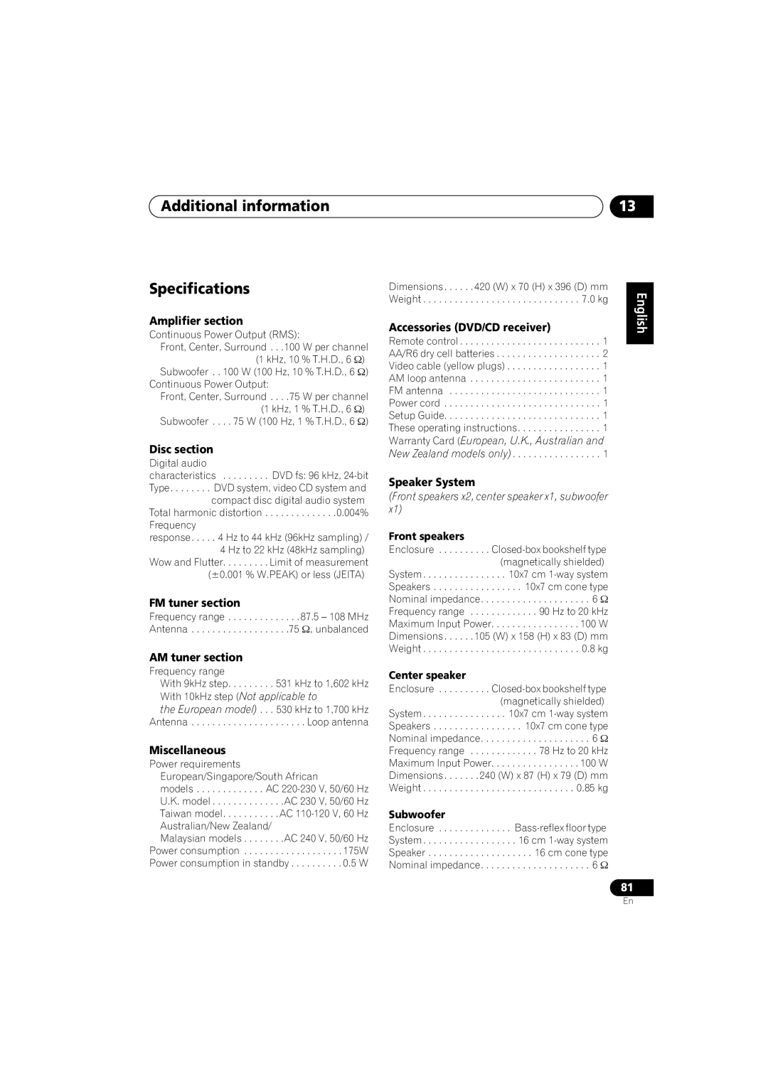 Pioneer XW-DV525, XV-DV525, S-DV525, XW-DV1WS manual Additional information Specifications 