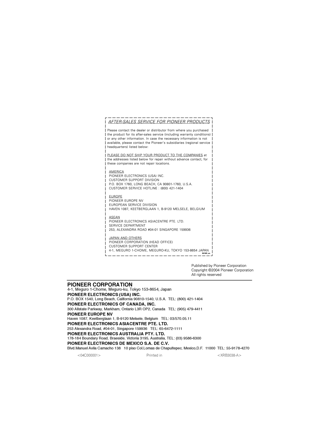 Pioneer XV-DV525, XW-DV525, S-DV525, XW-DV1WS manual Pioneer Corporation 