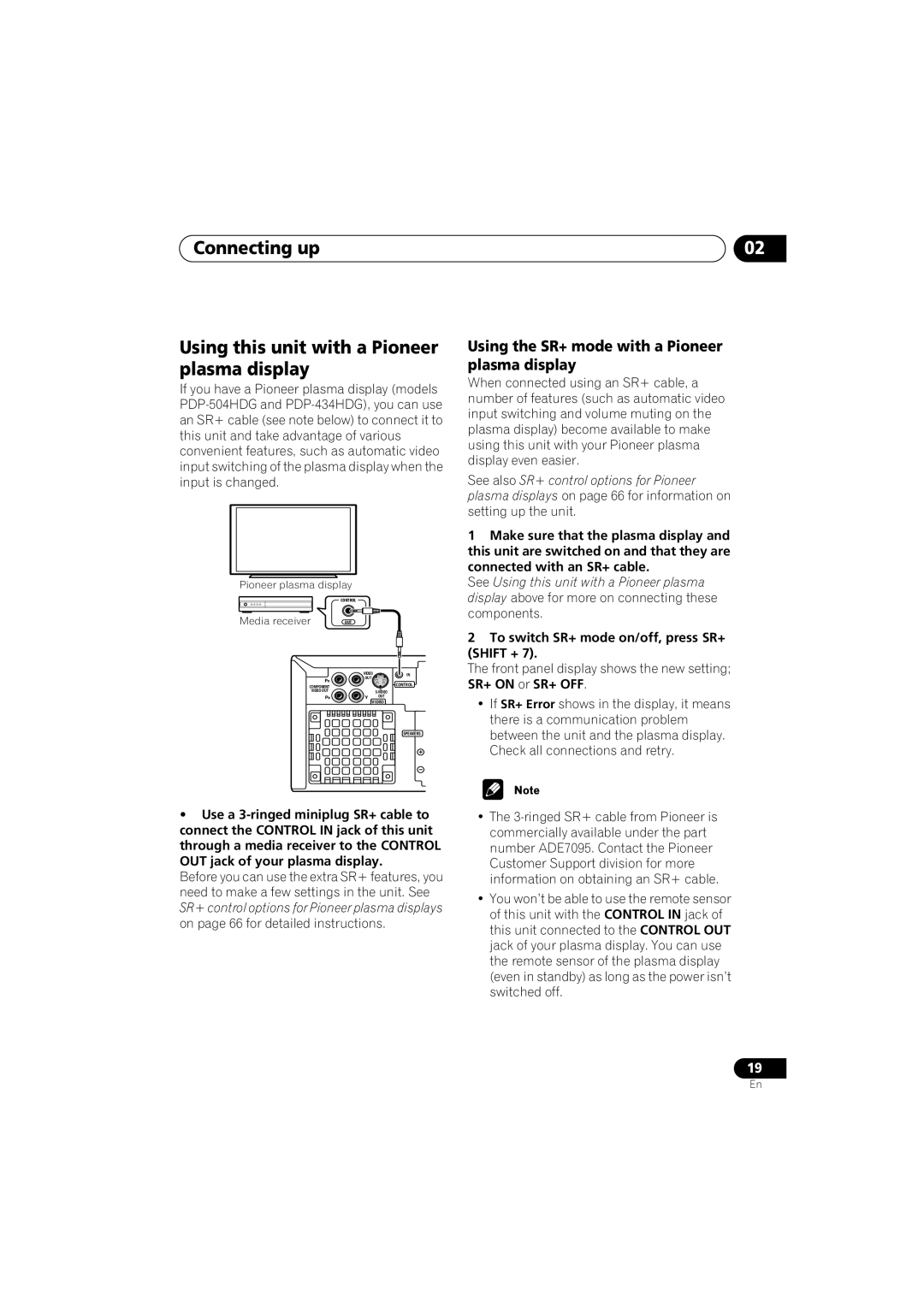 Pioneer S-DV9 Connecting up Using this unit with a Pioneer plasma display, To switch SR+ mode on/off, press SR+ Shift + 