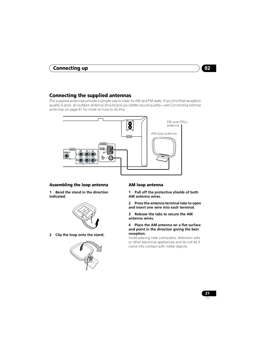 Pioneer S-DV9, XV-DV9 manual Connecting up Connecting the supplied antennas, Assembling the loop antenna, AM loop antenna 