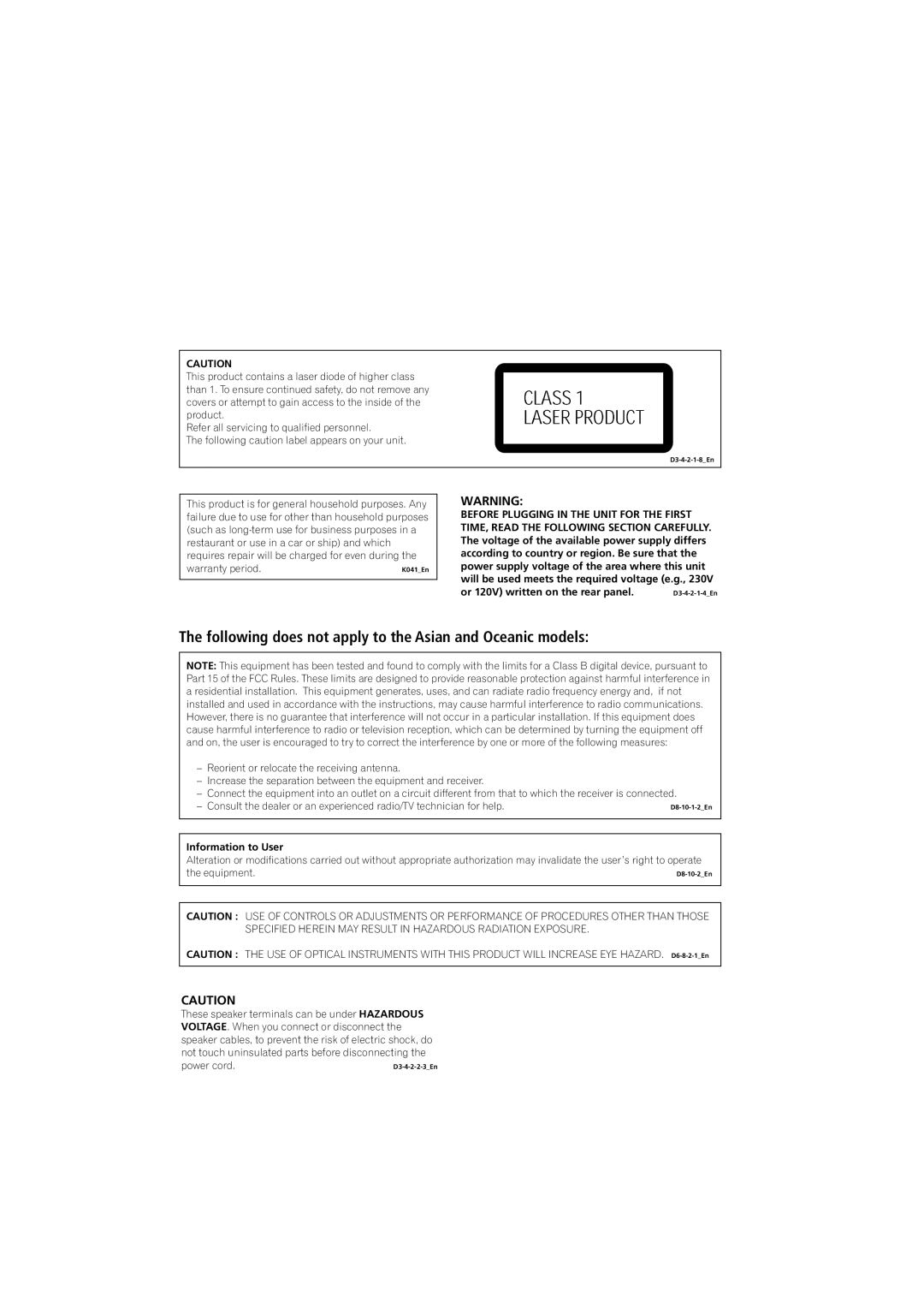 Pioneer S-DV9, XV-DV9 manual LASERPRODUCTCLASS1, Following does not apply to the Asian and Oceanic models 