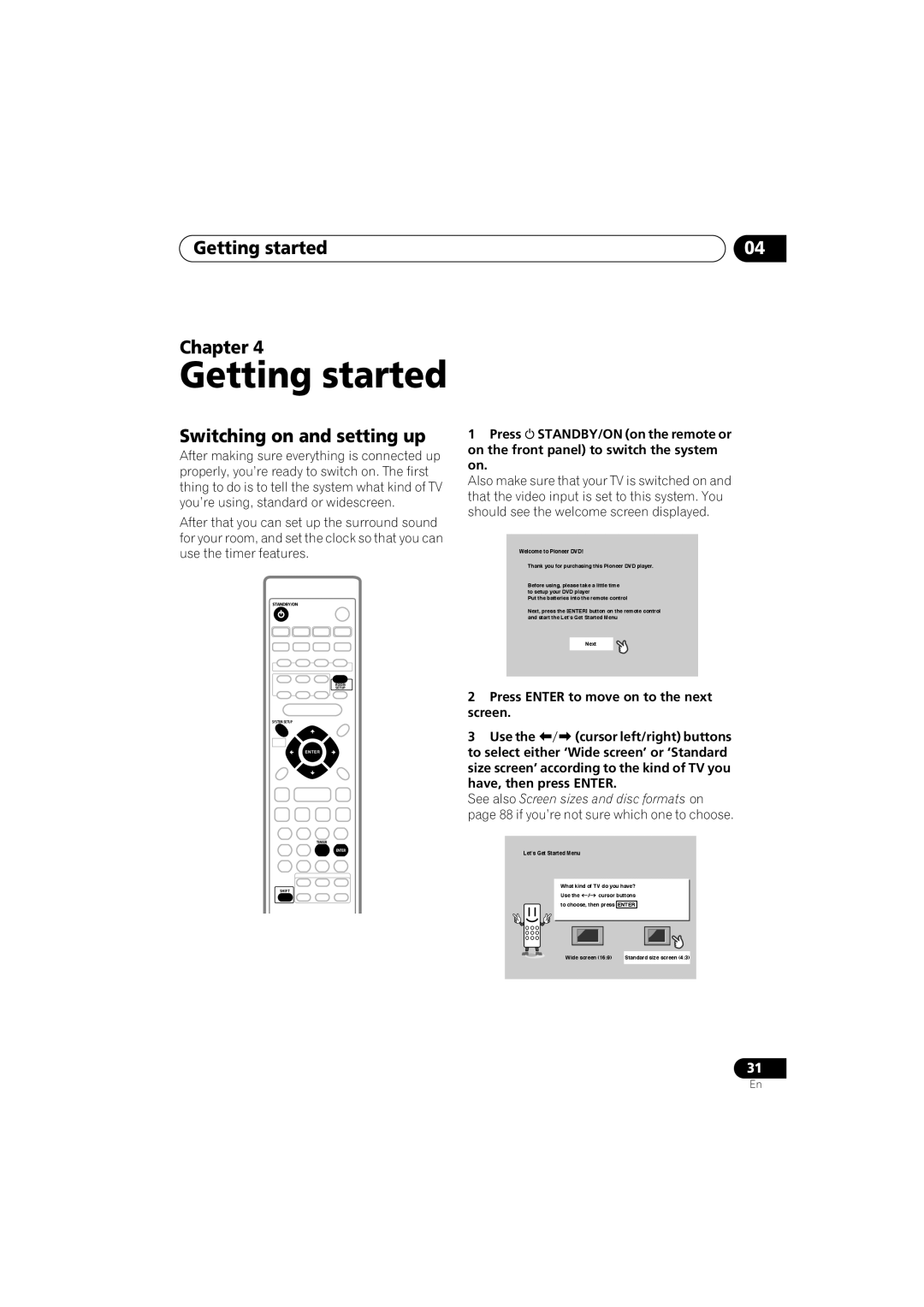 Pioneer S-DV9, XV-DV9 manual Getting started Chapter, Switching on and setting up 