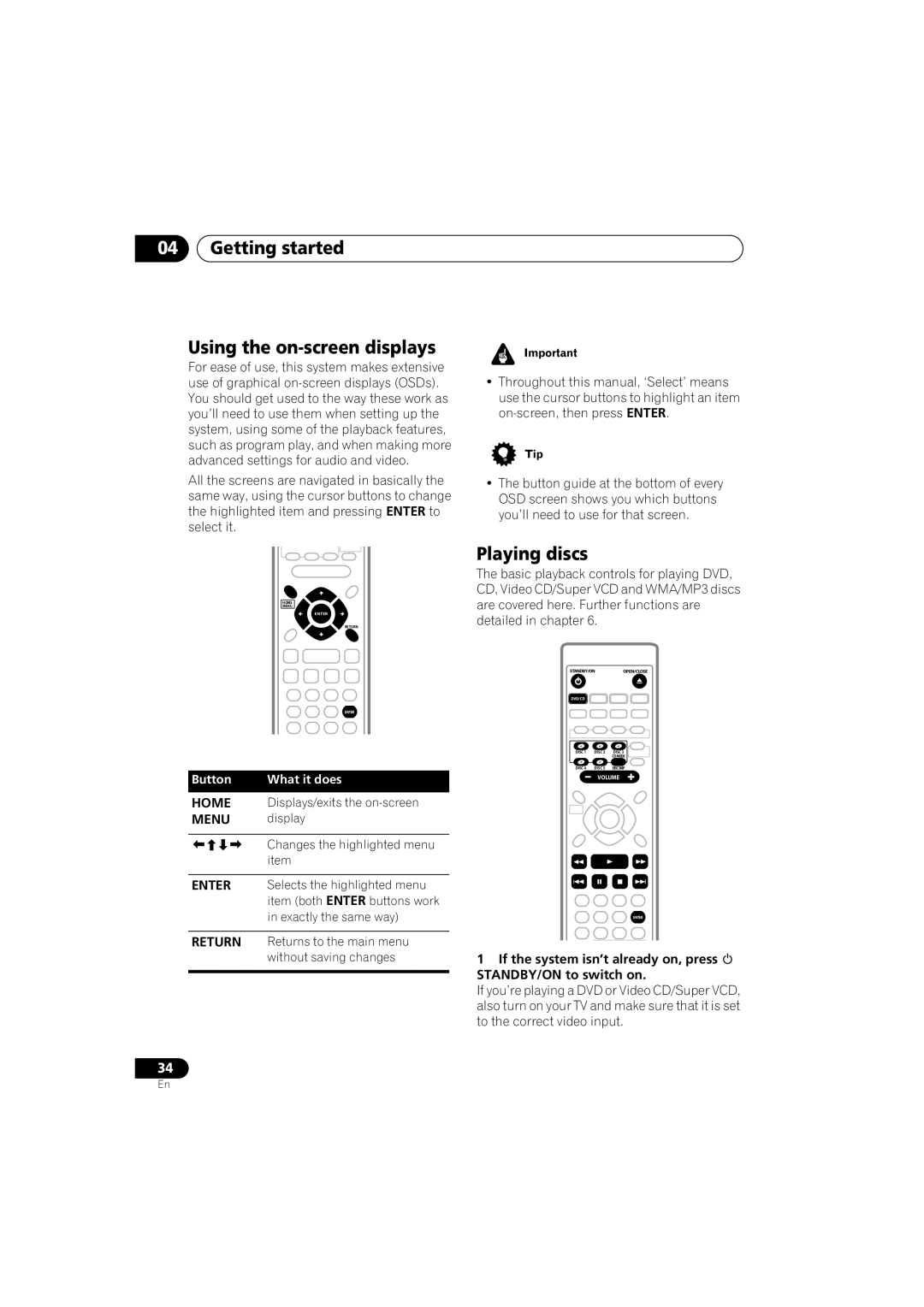 Pioneer XV-DV9, S-DV9 manual Getting started Using the on-screen displays, Playing discs 