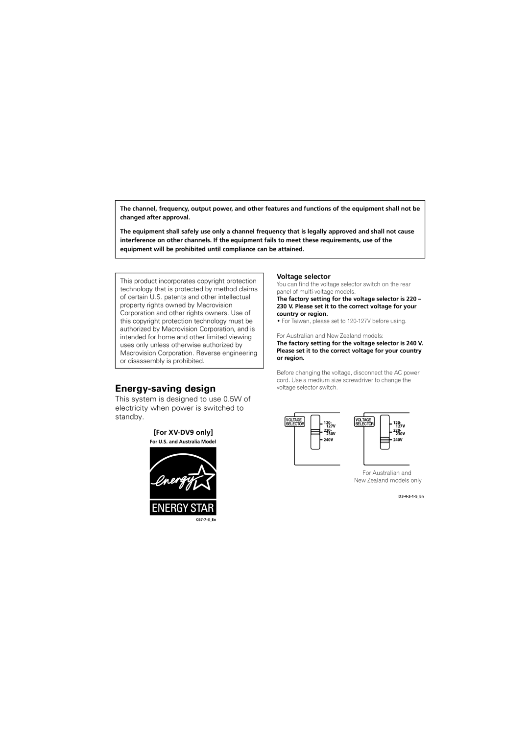 Pioneer S-DV9 manual For XV-DV9 only, Voltage selector 