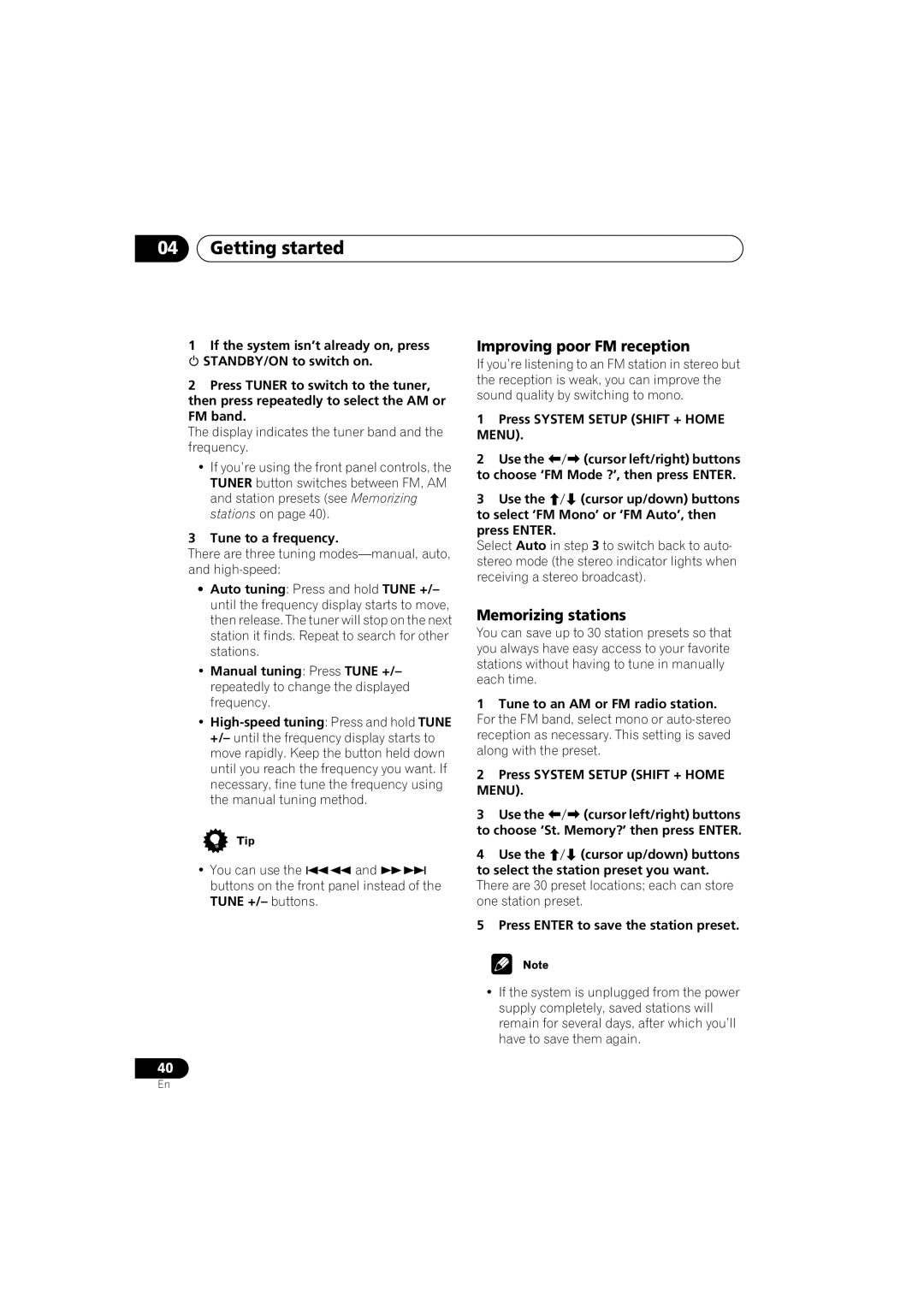 Pioneer XV-DV9, S-DV9 manual Improving poor FM reception, Memorizing stations, Tune to a frequency 