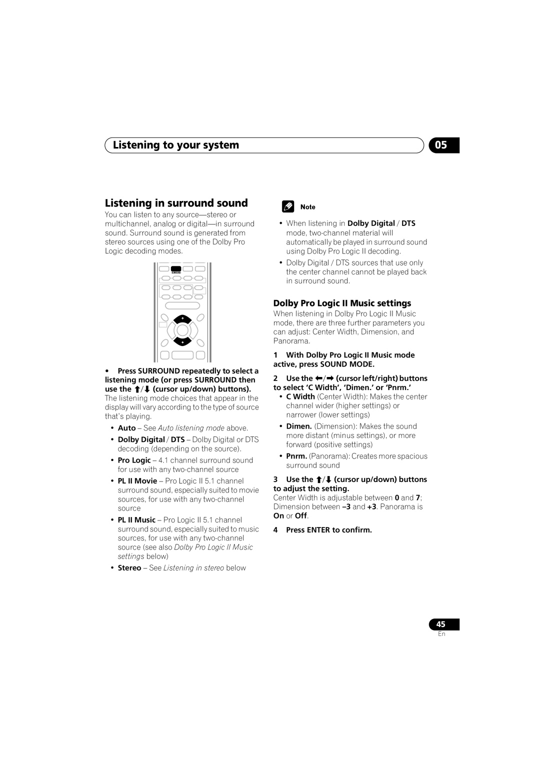 Pioneer S-DV9, XV-DV9 manual Listening to your system Listening in surround sound, Dolby Pro Logic II Music settings 