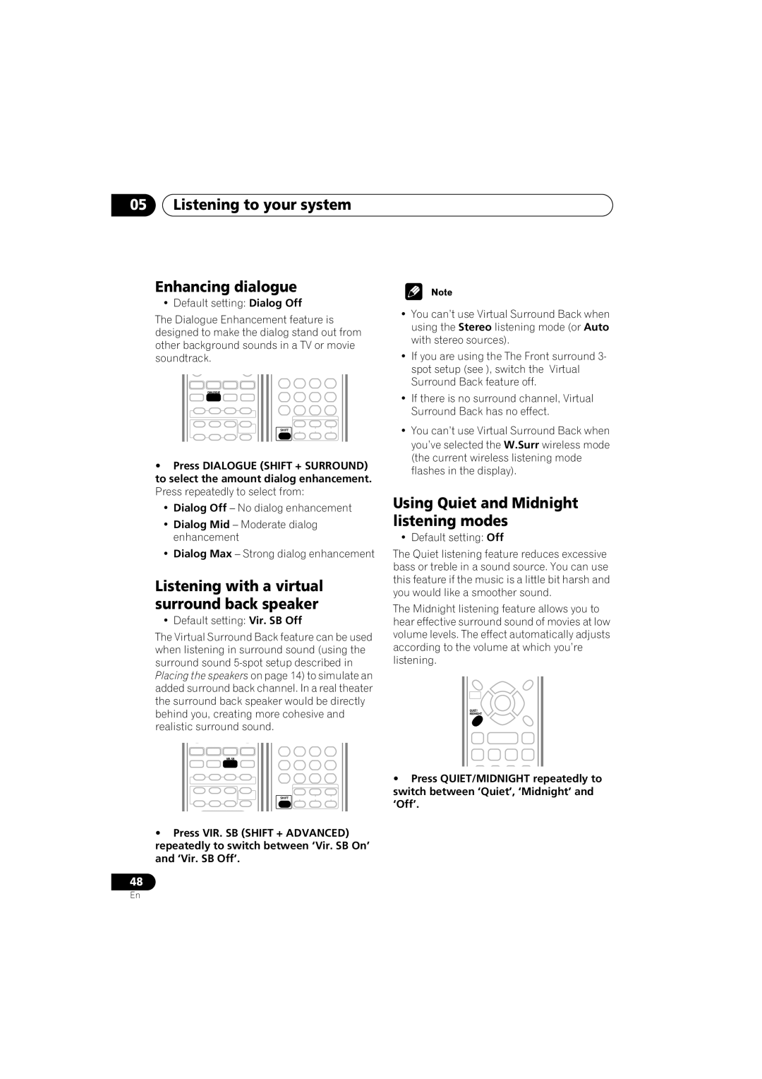 Pioneer XV-DV9, S-DV9 manual Listening to your system Enhancing dialogue, Listening with a virtual surround back speaker 