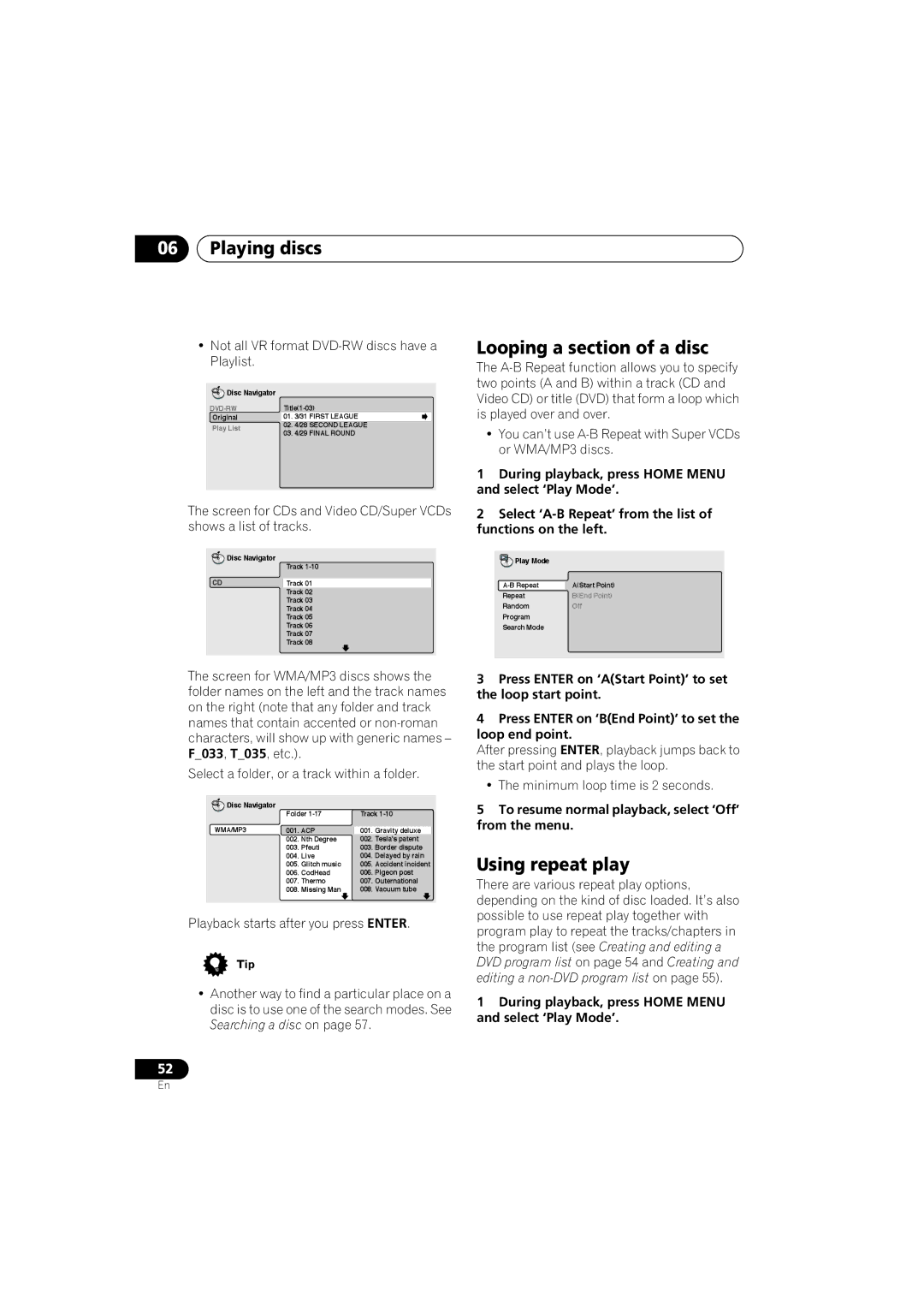 Pioneer XV-DV9 manual Looping a section of a disc, Using repeat play, To resume normal playback, select ‘Off’ from the menu 