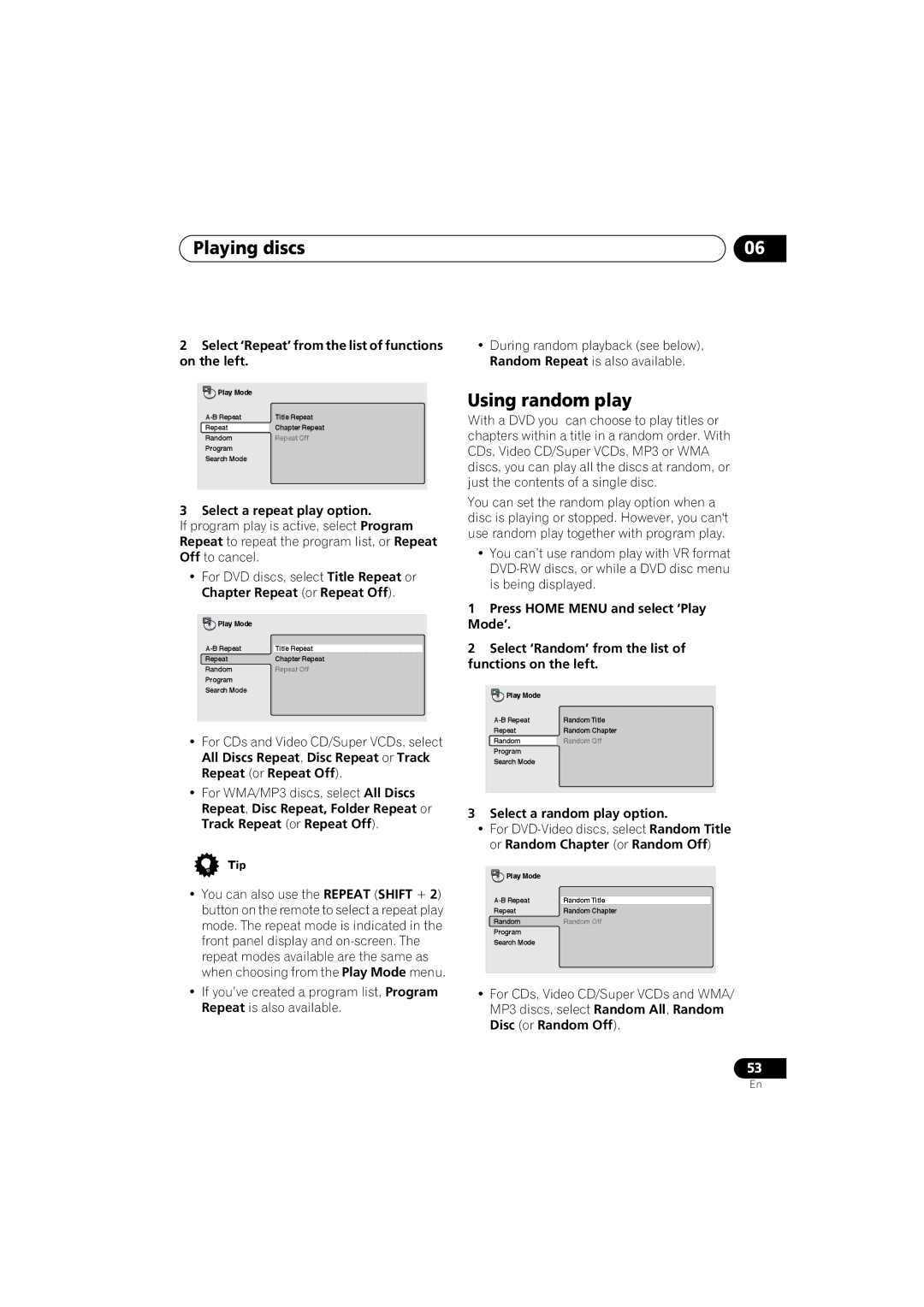 Pioneer S-DV9 manual Using random play, Select ‘Repeat’ from the list of functions on the left, Select a repeat play option 