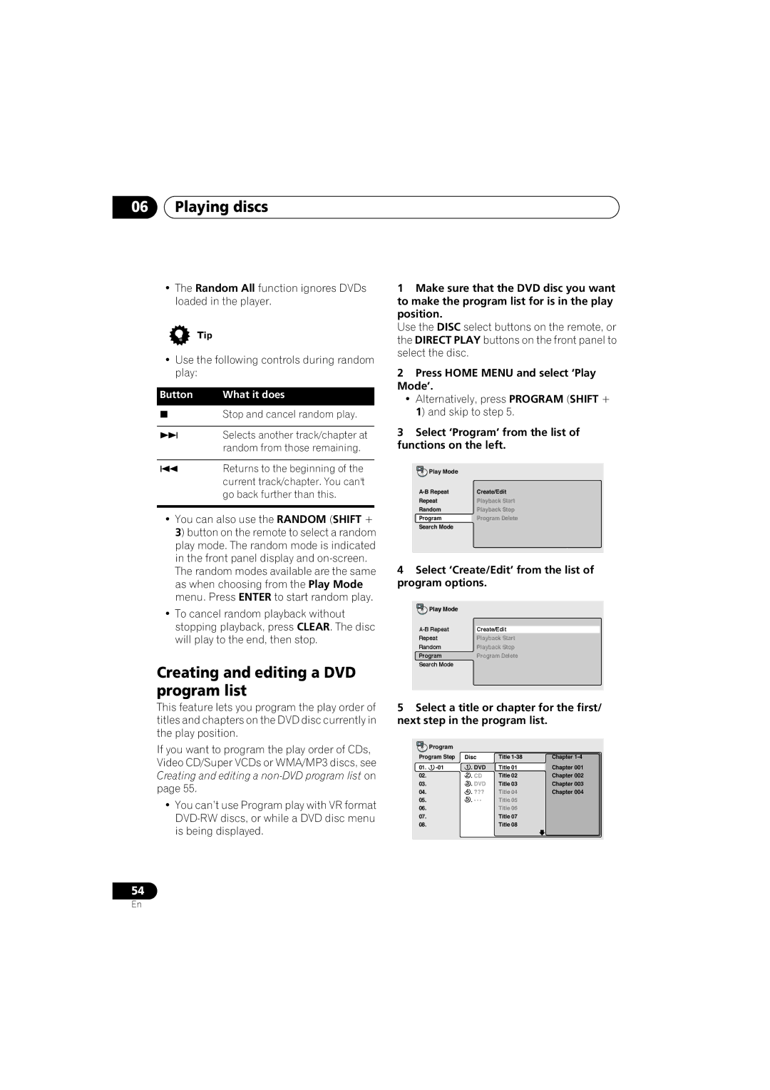 Pioneer XV-DV9, S-DV9 manual Creating and editing a DVD program list, Press Home Menu and select ‘Play Mode’ 