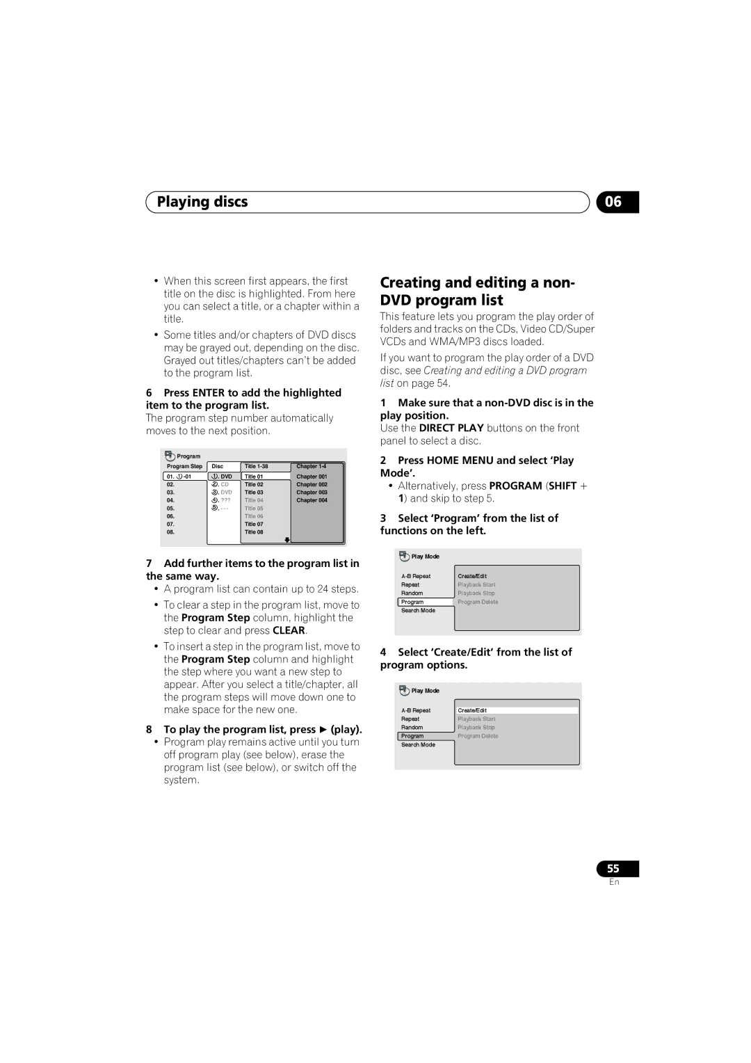 Pioneer S-DV9 Creating and editing a non- DVD program list, Press Enter to add the highlighted item to the program list 