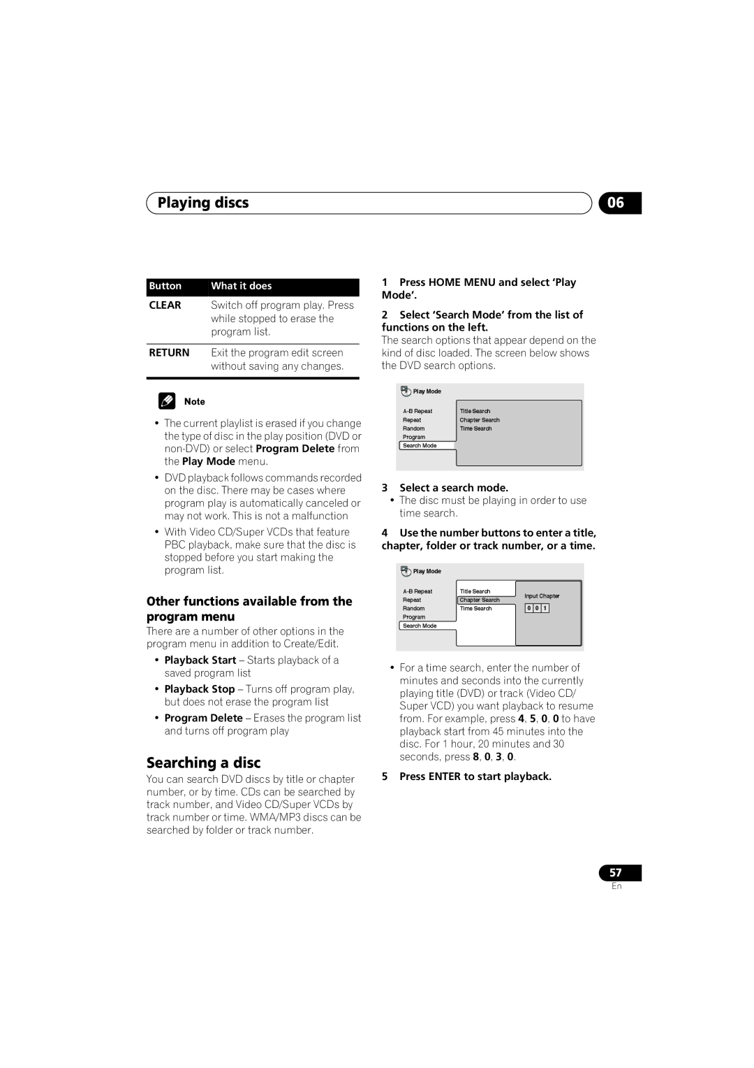 Pioneer S-DV9, XV-DV9 manual Searching a disc, Other functions available from the program menu, Select a search mode 