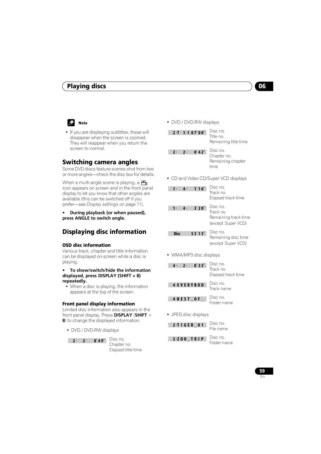 Pioneer S-DV9 Switching camera angles, Displaying disc information, OSD disc information, Front panel display information 