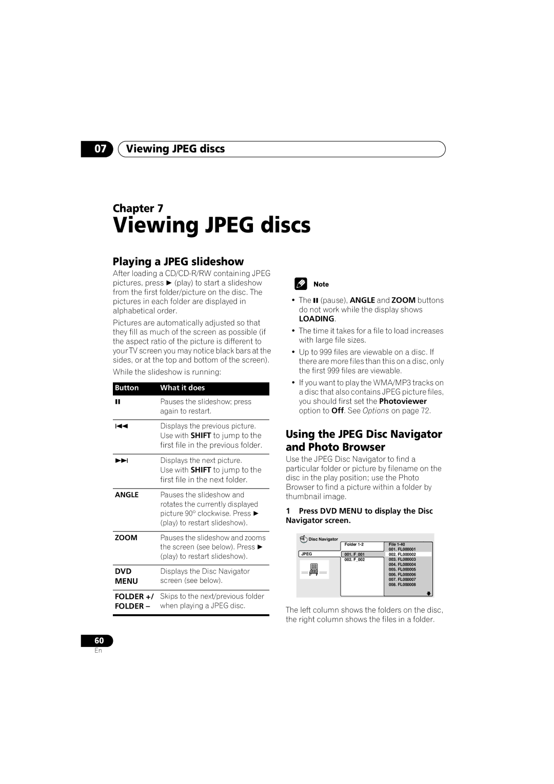 Pioneer XV-DV9 Viewing Jpeg discs Chapter, Playing a Jpeg slideshow, Using the Jpeg Disc Navigator and Photo Browser 