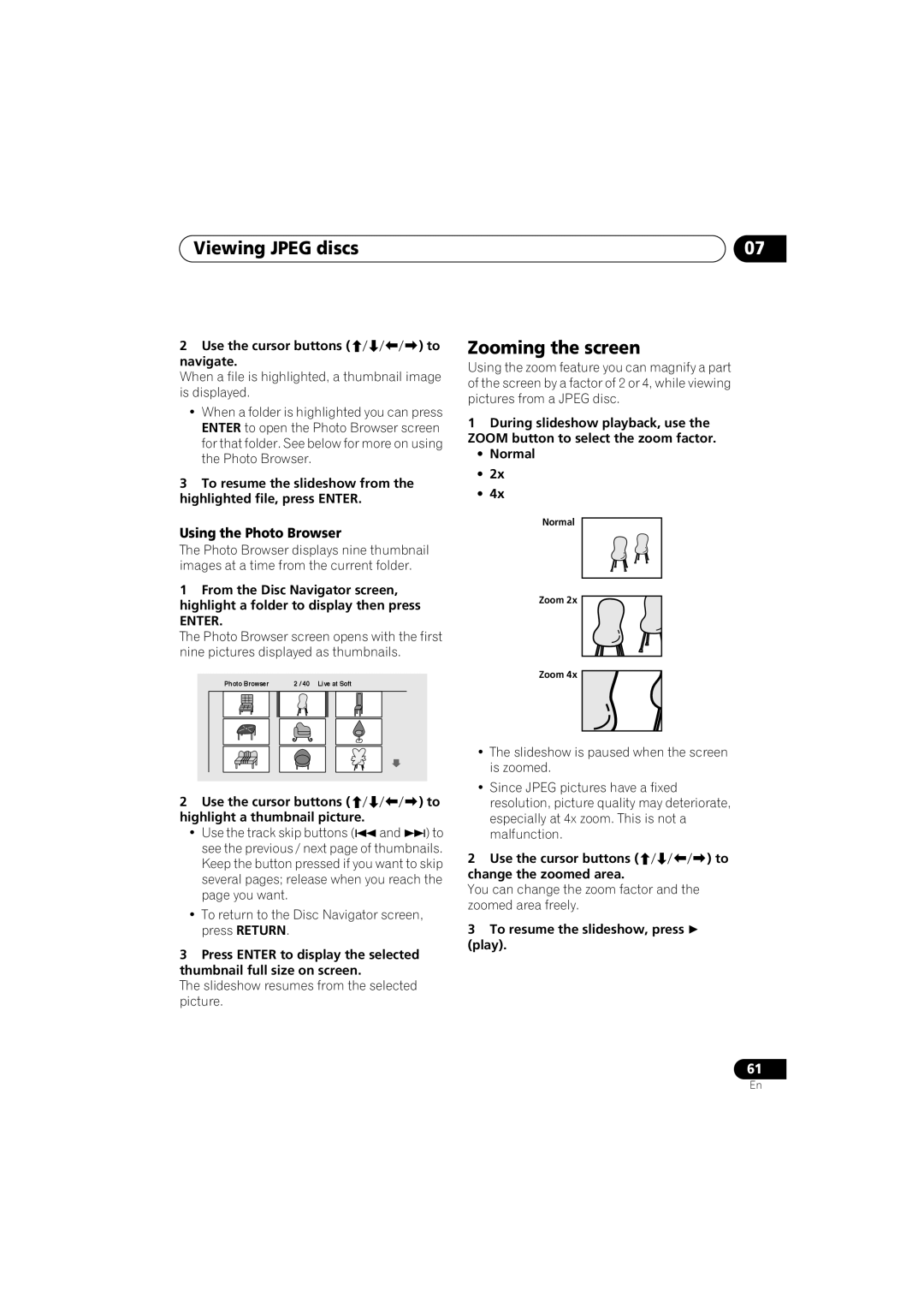 Pioneer S-DV9, XV-DV9 manual Viewing Jpeg discs, Using the Photo Browser, Use the cursor buttons Navigate 