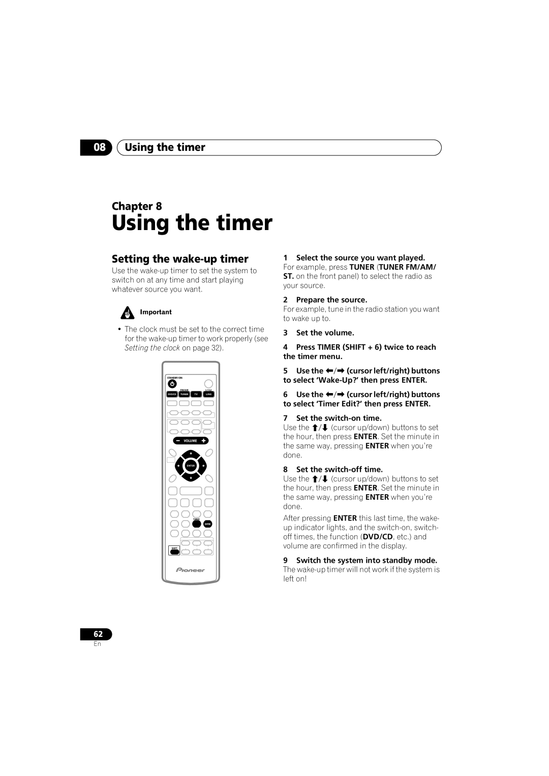 Pioneer XV-DV9, S-DV9 manual Using the timer Chapter, Setting the wake-up timer, To select ‘Wake-Up?’ then press Enter 