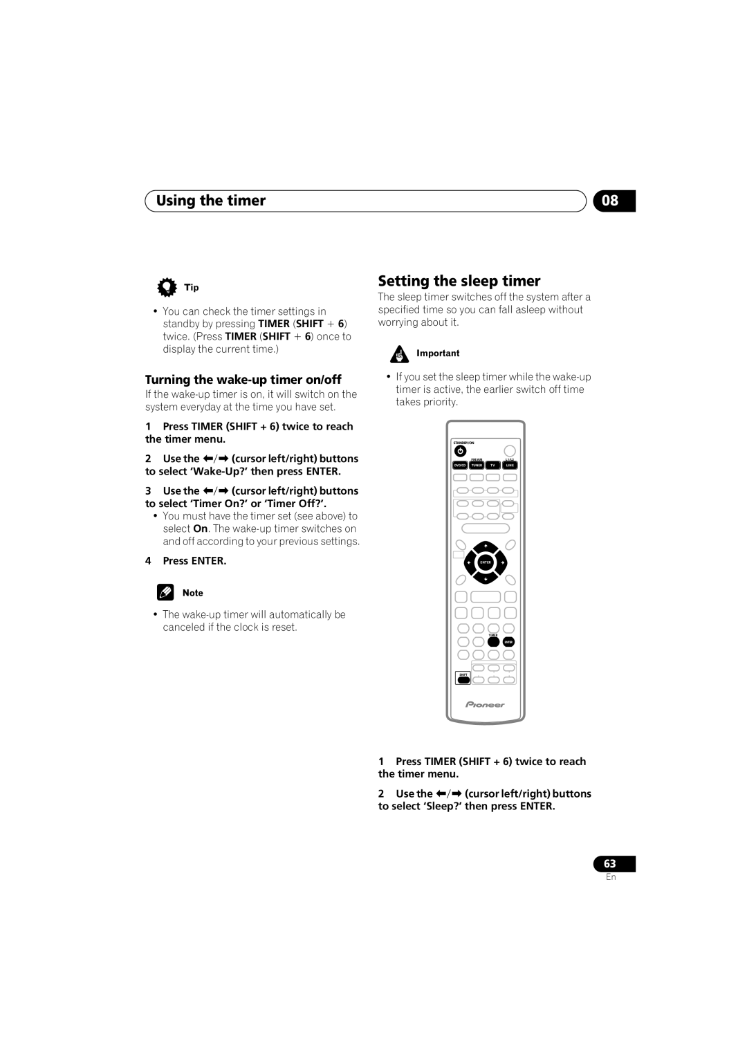 Pioneer S-DV9, XV-DV9 manual Using the timer, Setting the sleep timer, Turning the wake-up timer on/off 