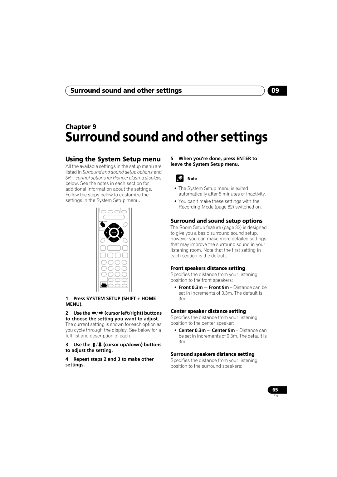 Pioneer S-DV9 Surround sound and other settings Chapter, Using the System Setup menu, Surround and sound setup options 