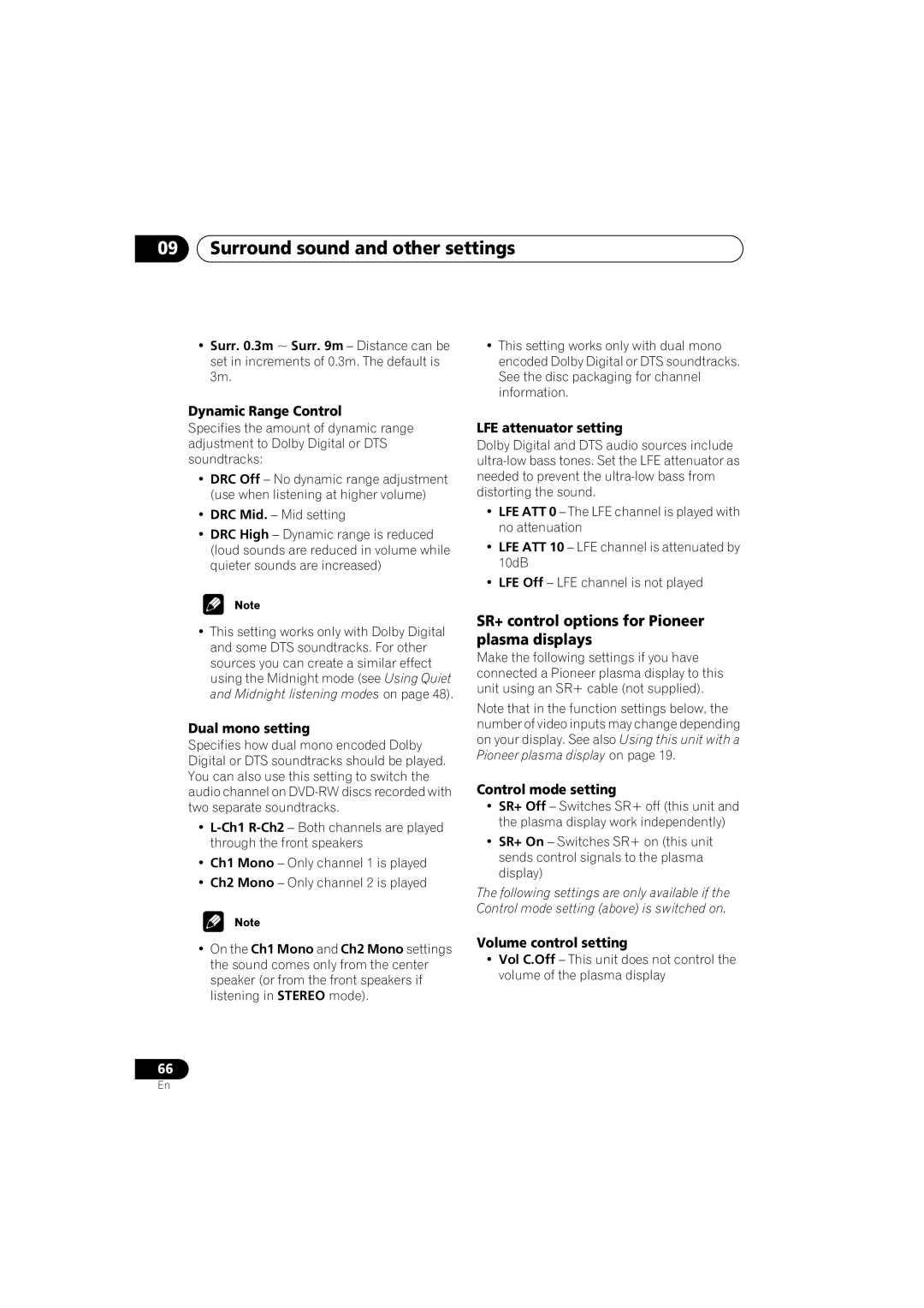 Pioneer XV-DV9, S-DV9 manual Surround sound and other settings, SR+ control options for Pioneer plasma displays 