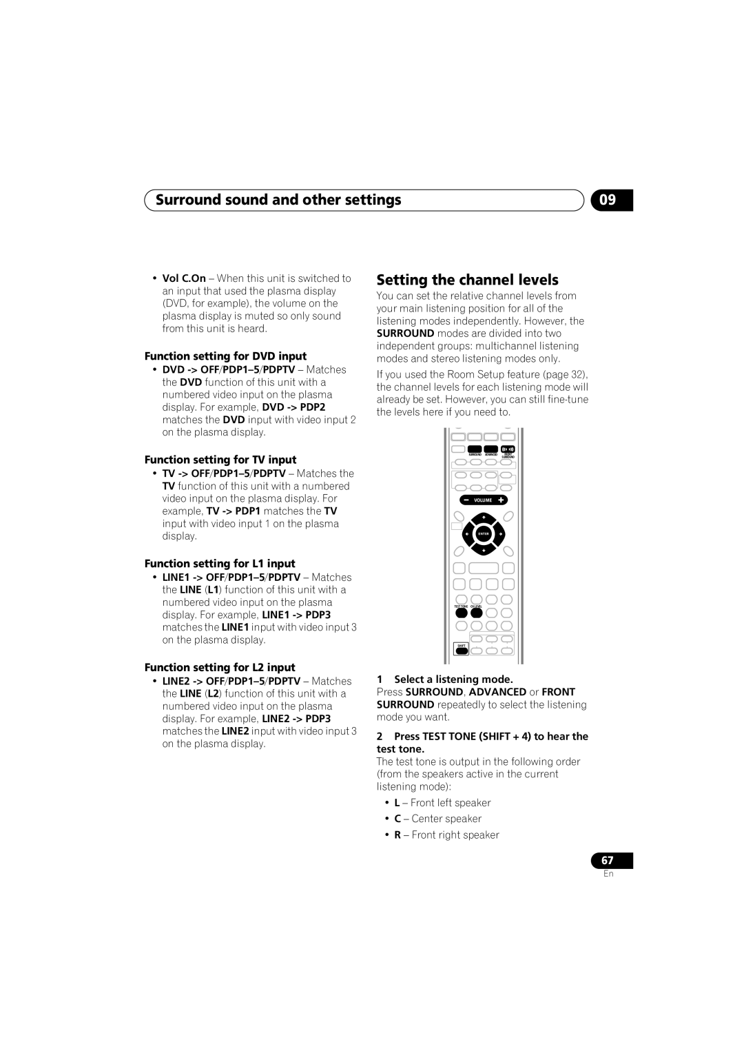 Pioneer S-DV9, XV-DV9 manual Setting the channel levels, Function setting for DVD input, Function setting for TV input 