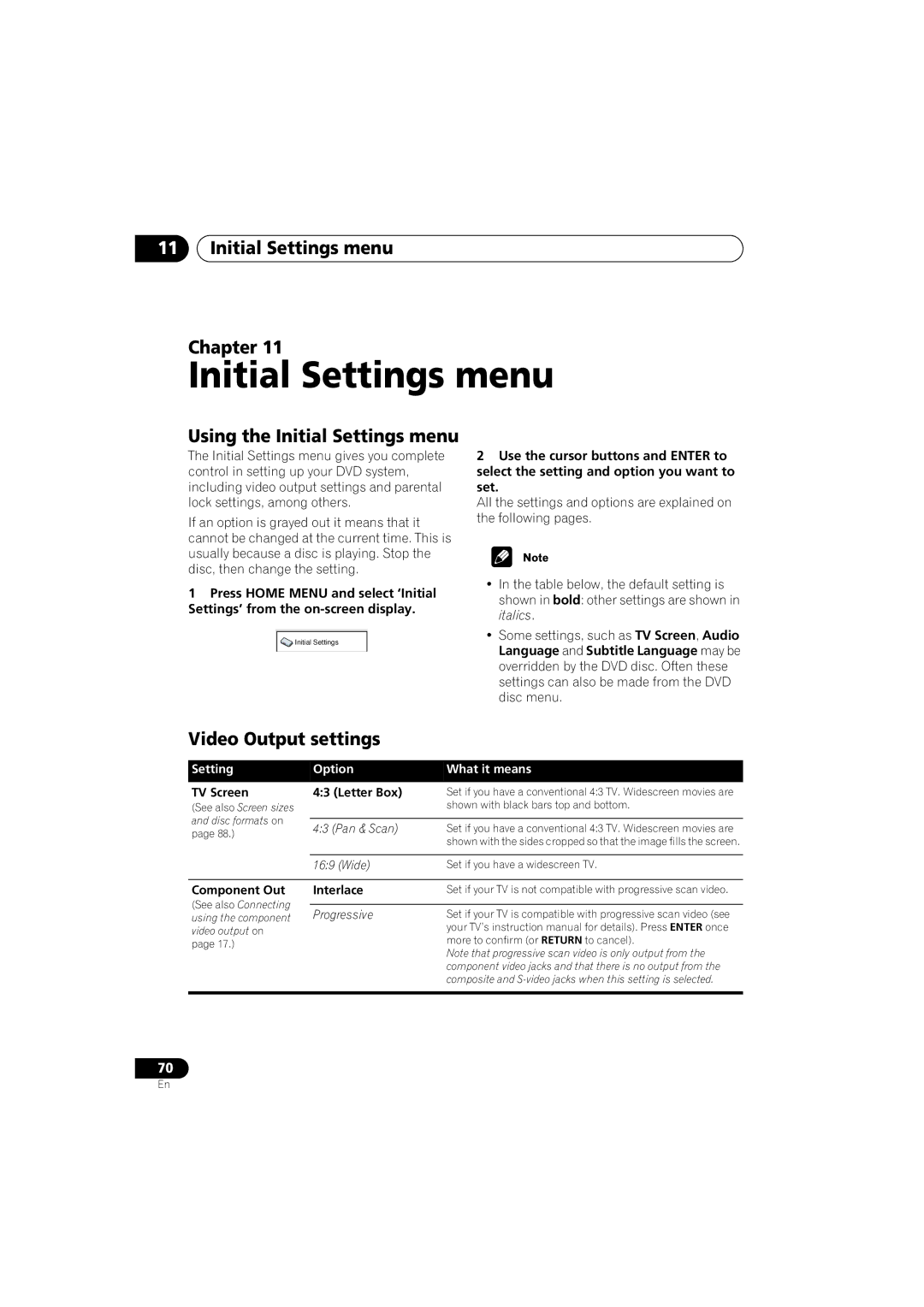 Pioneer XV-DV9, S-DV9 manual Initial Settings menu Chapter, Using the Initial Settings menu, Video Output settings 