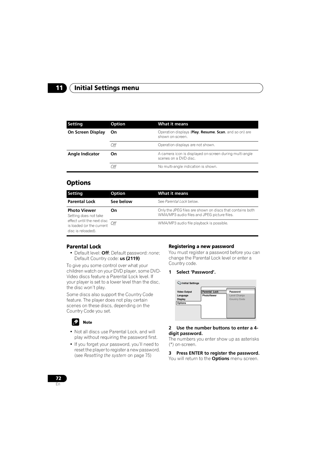 Pioneer XV-DV9, S-DV9 manual Options, Parental Lock, Registering a new password 