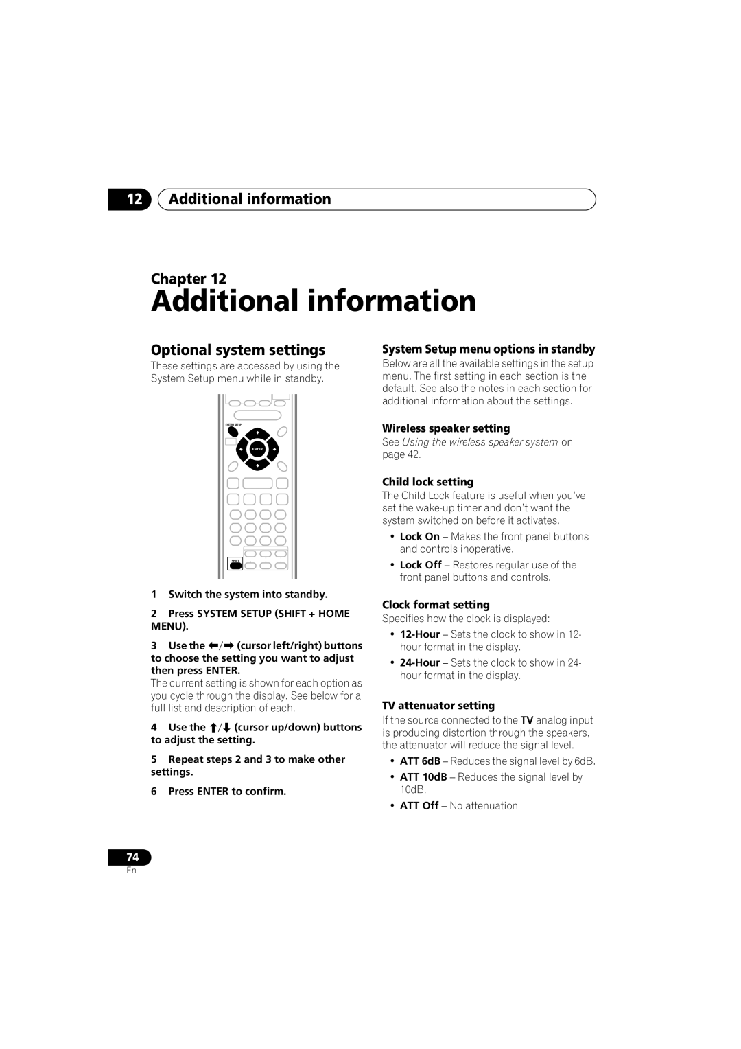 Pioneer XV-DV9, S-DV9 Additional information Chapter, Optional system settings, System Setup menu options in standby 